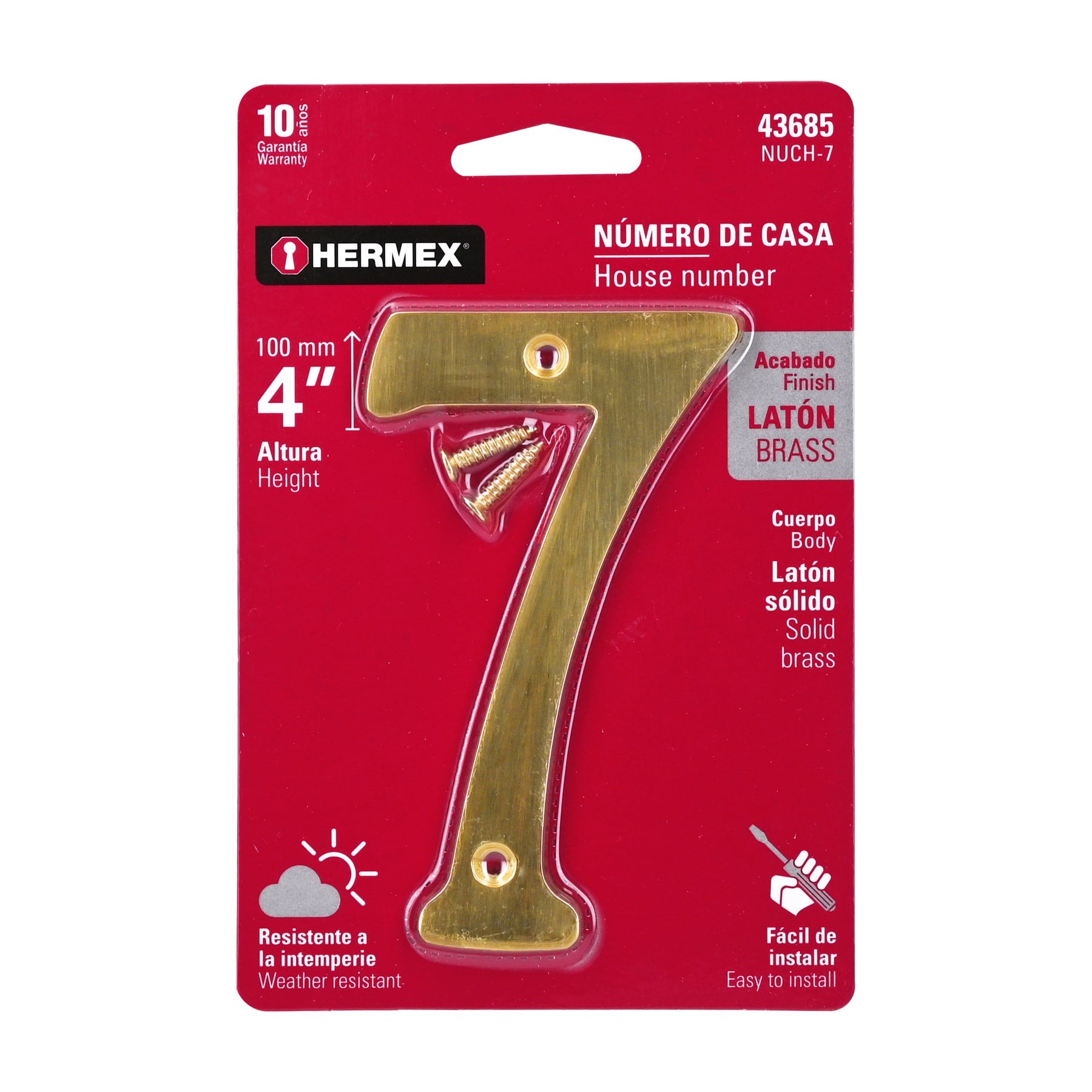 Número 7 de latón sólido 4", latón brillante, HERMEX
