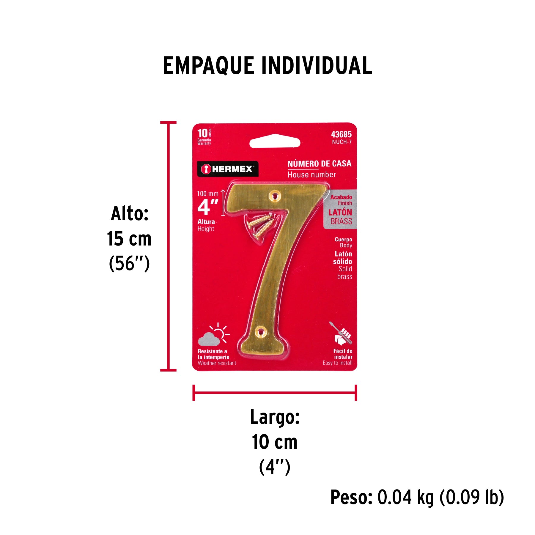 Número 7 de latón sólido 4", latón brillante, HERMEX - Empaque