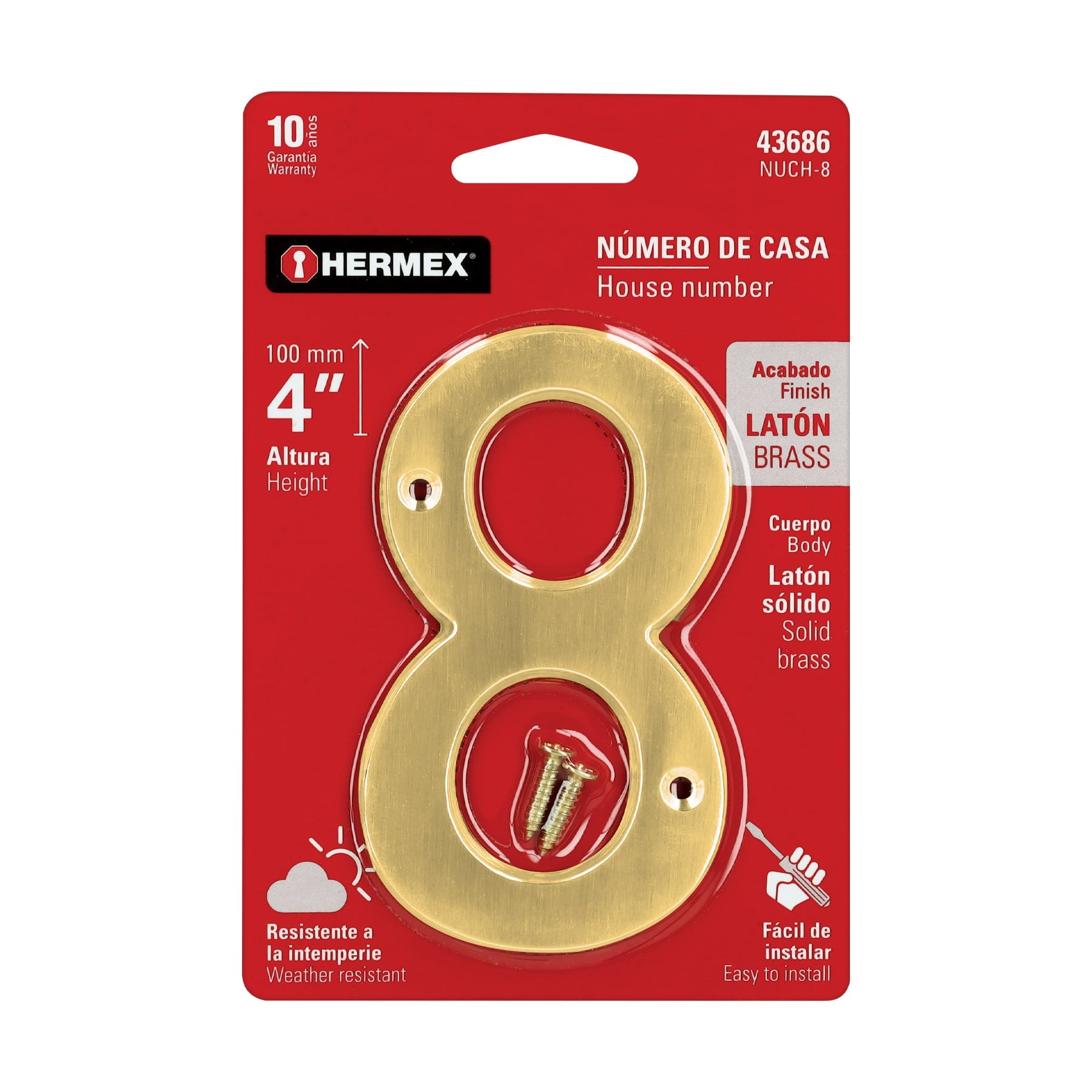 Número 8 de latón sólido 4", latón brillante, HERMEX
