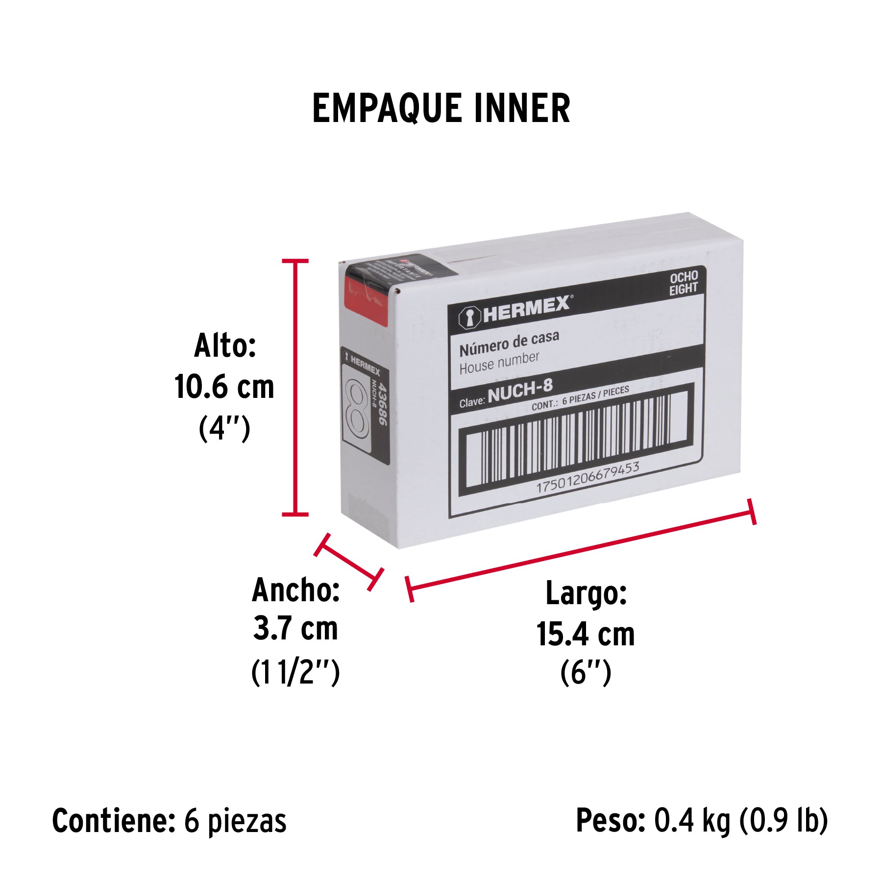 Número 8 de latón sólido 4", latón brillante, HERMEX - Empaque