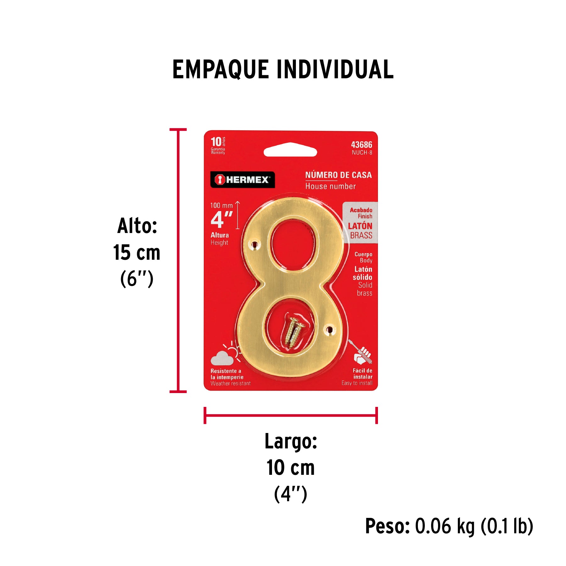 Número 8 de latón sólido 4", latón brillante, HERMEX - Empaque