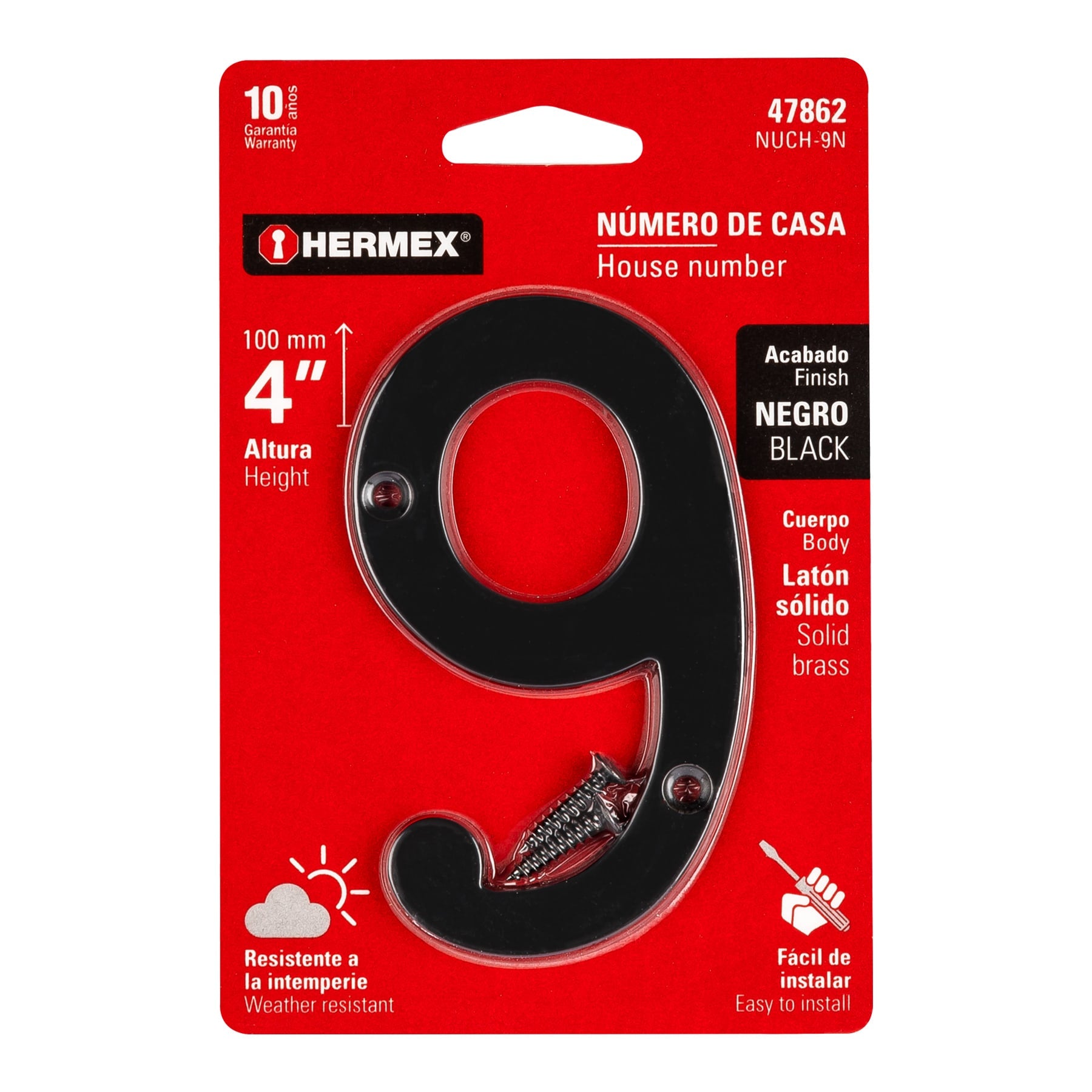 Número 9 de latón sólido 4", negro, HERMEX