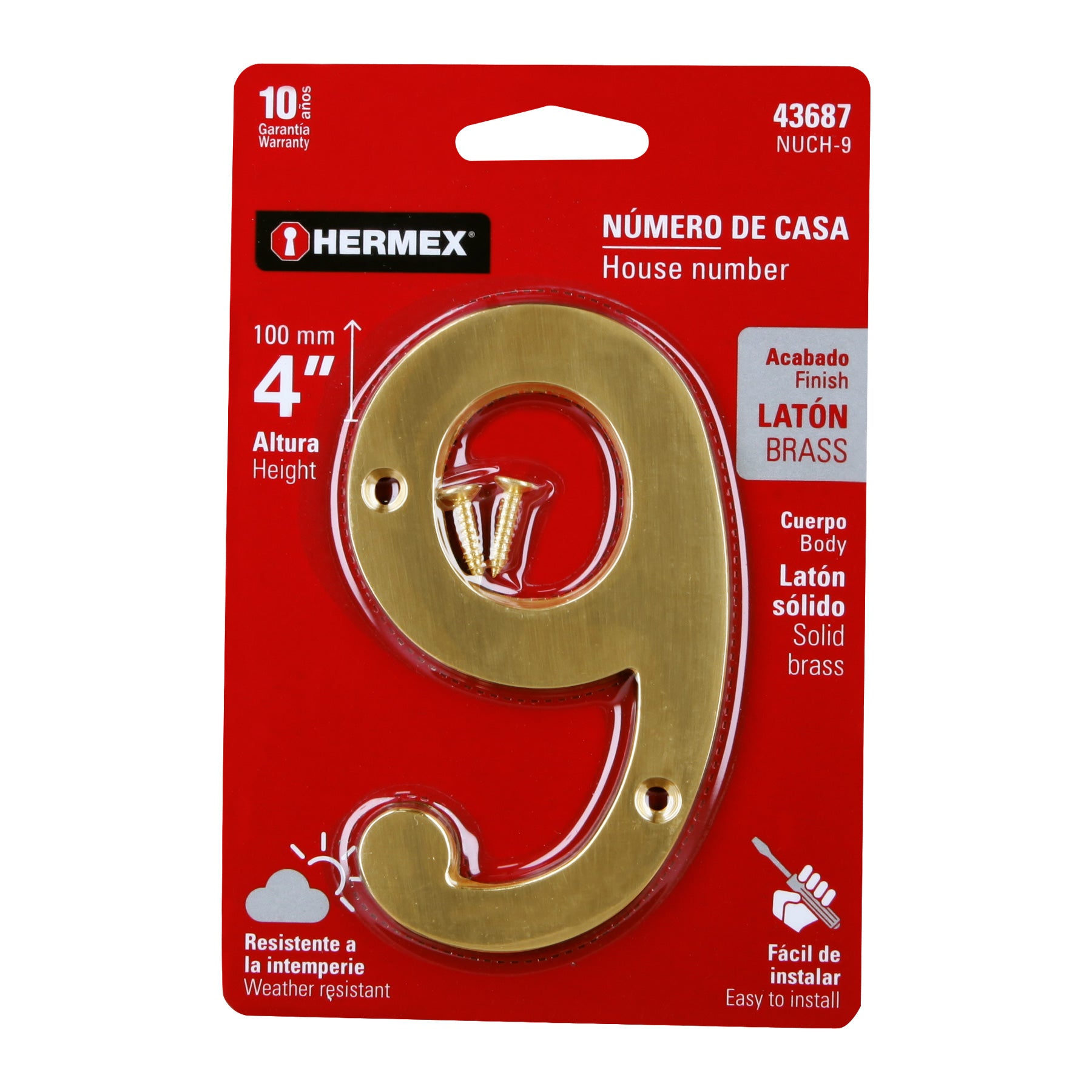Número 9 de latón sólido 4", latón brillante, HERMEX