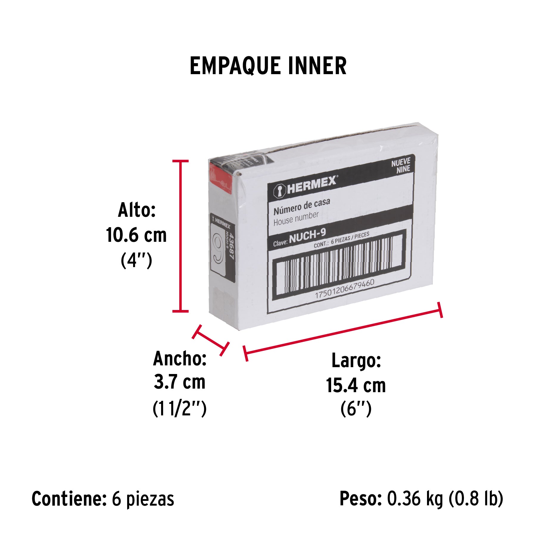 Número 9 de latón sólido 4", latón brillante, HERMEX - Empaque