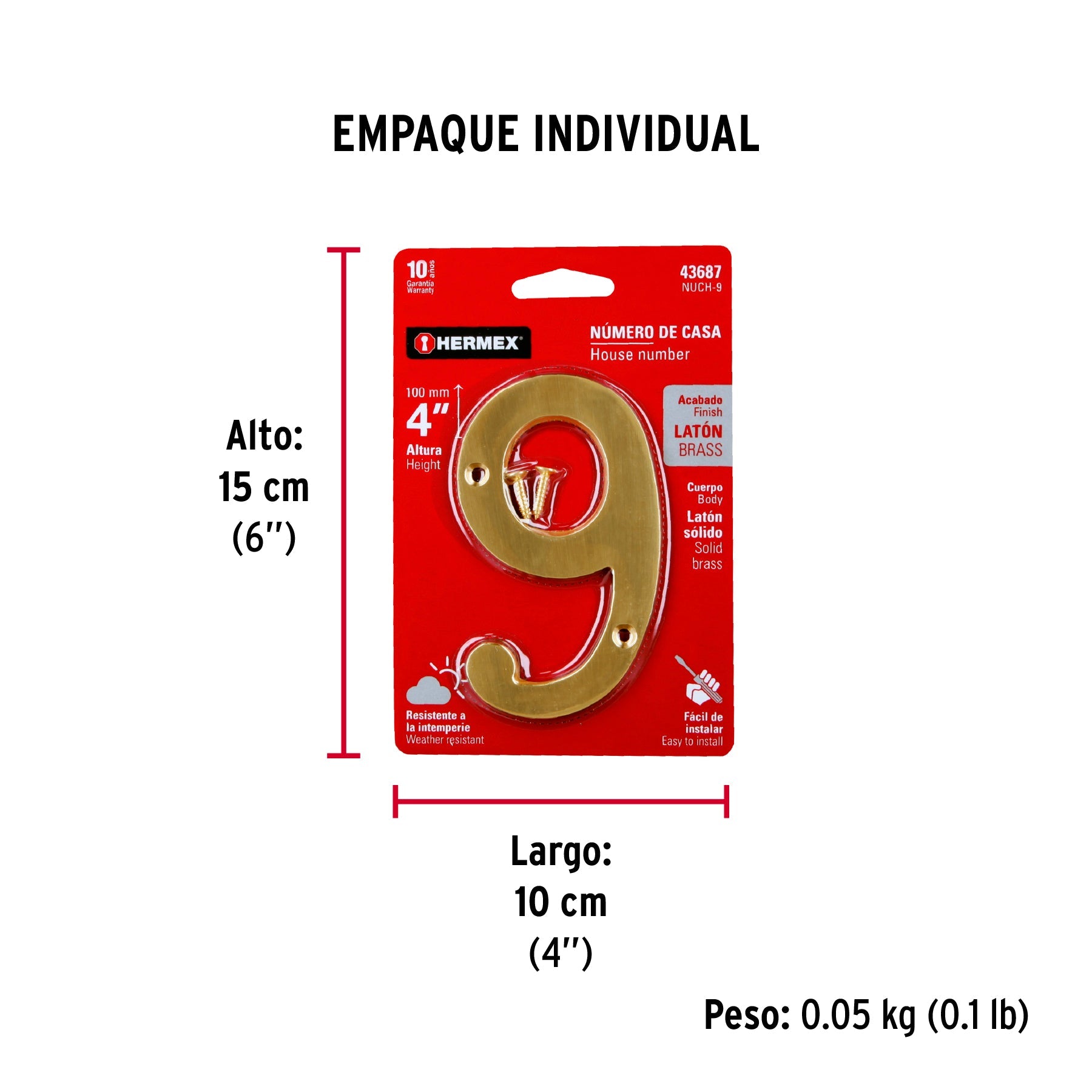 Número 9 de latón sólido 4", latón brillante, HERMEX - Empaque