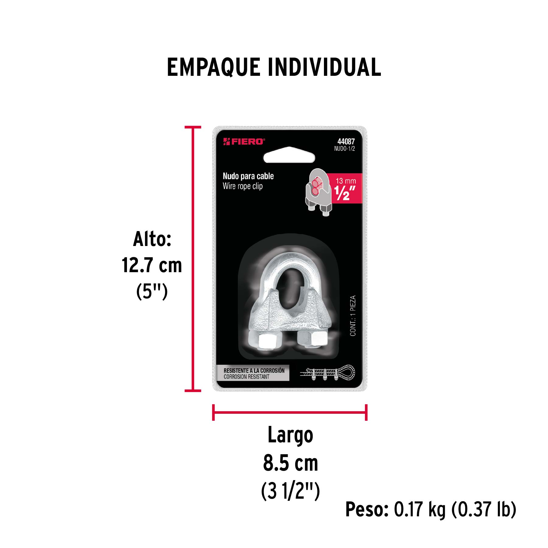 Blíster c/1 nudo (perro) de hierro p/cable de 1/2", FIERO - Empaque