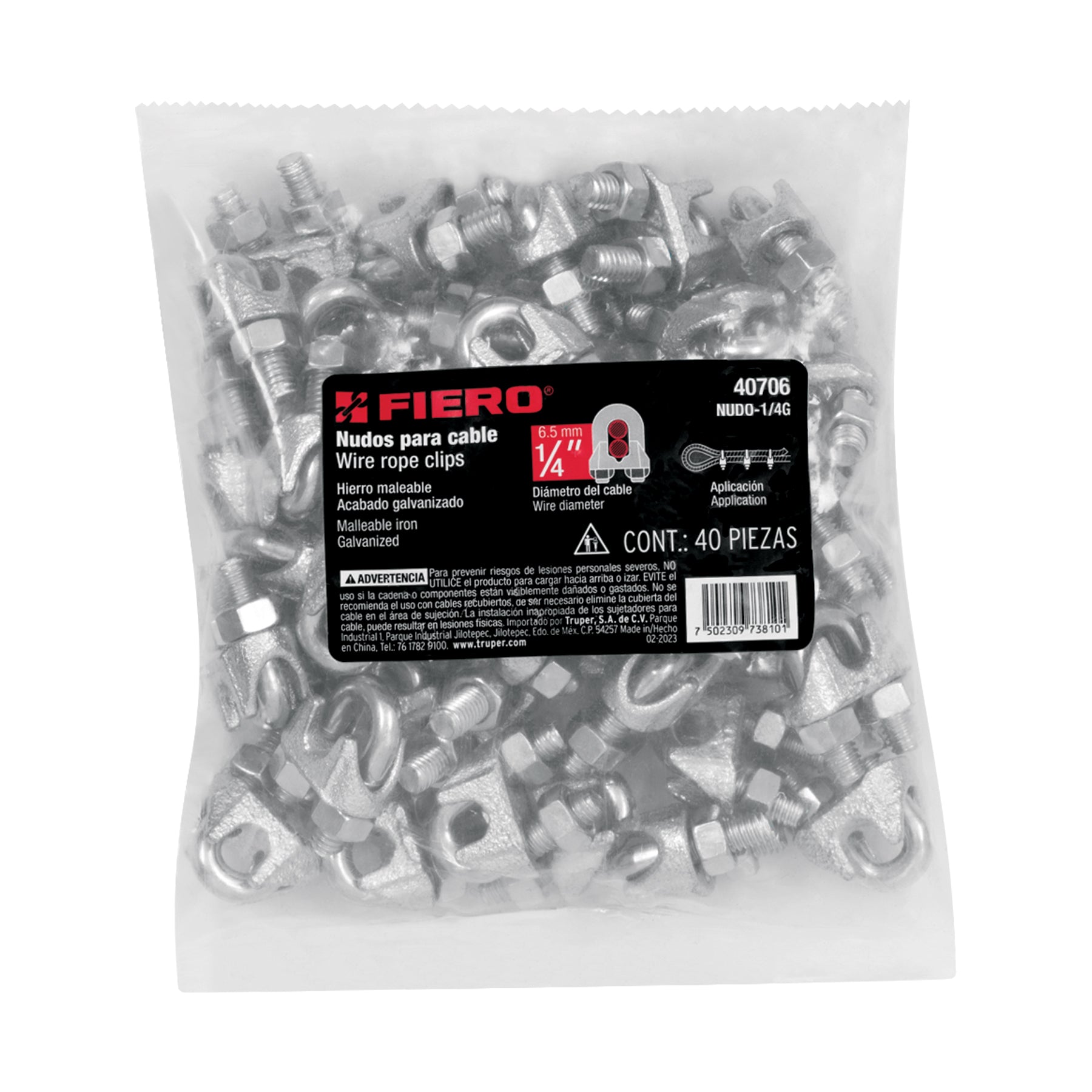 Bolsa c/40 nudos (perros) de hierro p/cable de 1/4", FIERO