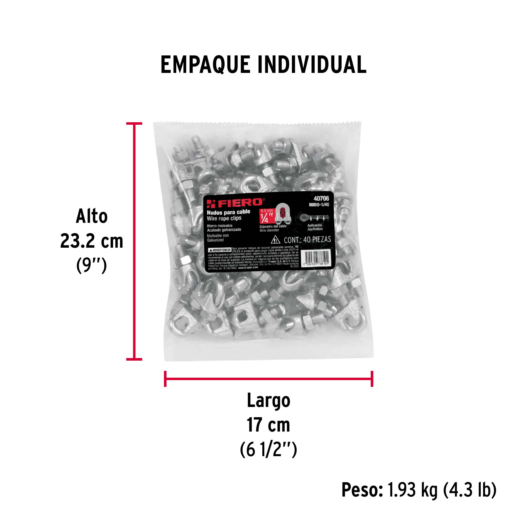 Bolsa c/40 nudos (perros) de hierro p/cable de 1/4", FIERO - Empaque