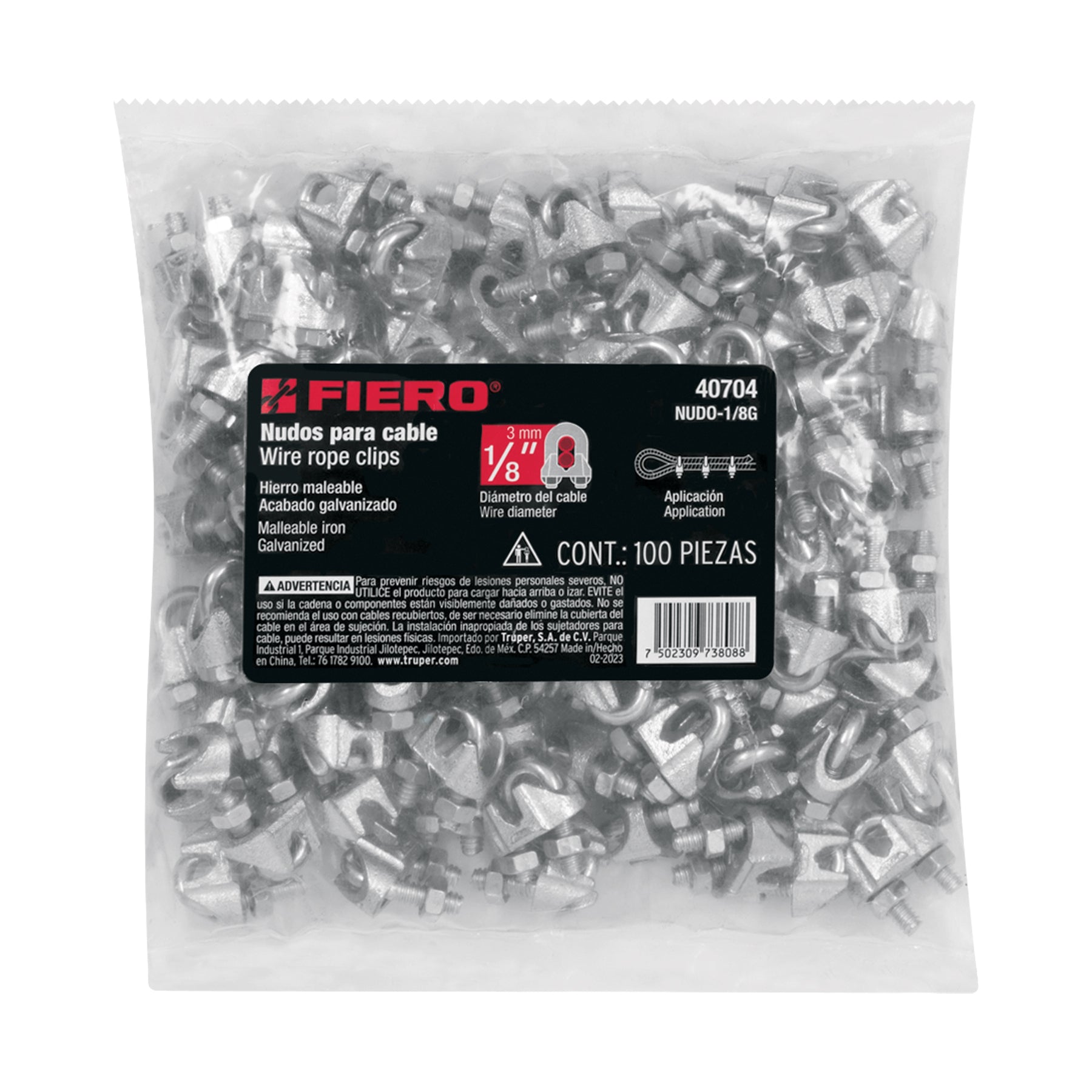 Bolsa c/100 nudos (perros) de hierro p/cable de 1/8", FIERO
