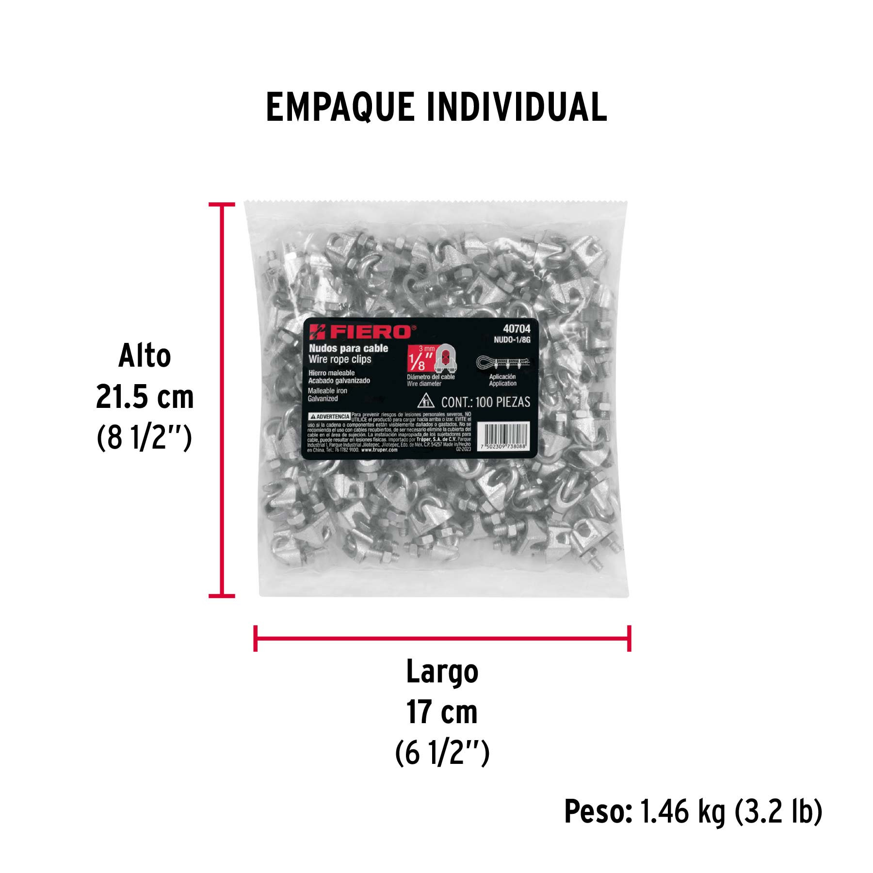Bolsa c/100 nudos (perros) de hierro p/cable de 1/8", FIERO - Empaque