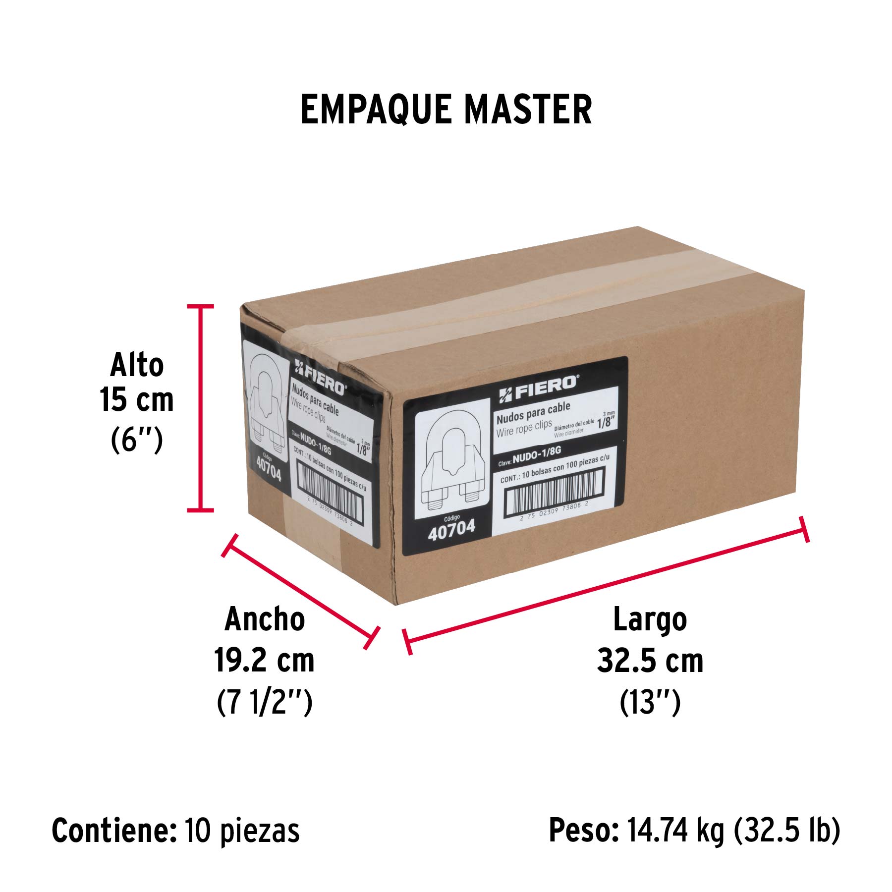 Bolsa c/100 nudos (perros) de hierro p/cable de 1/8", FIERO - Empaque