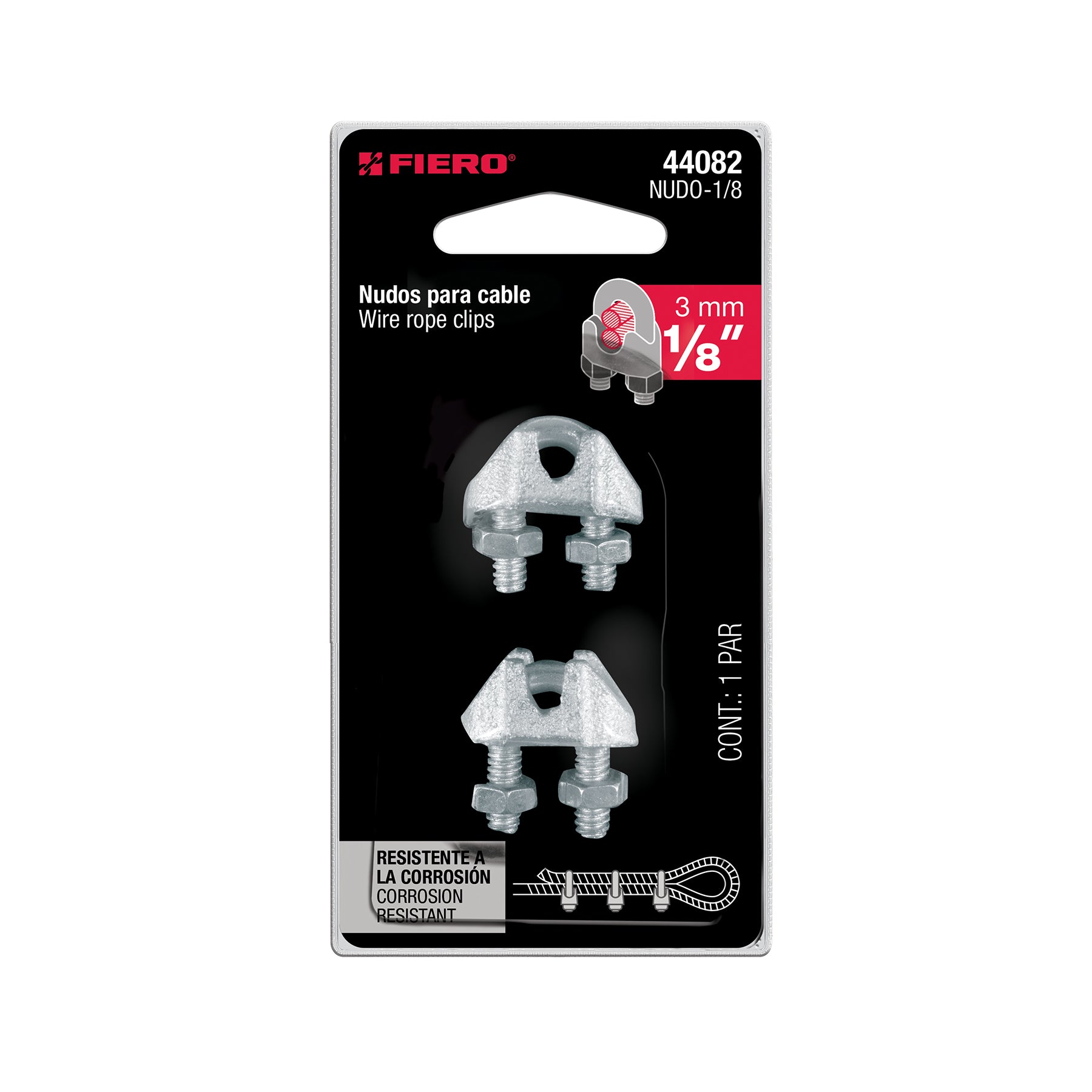 Blíster c/2 nudos (perros) de hierro p/cable de 1/8", FIERO