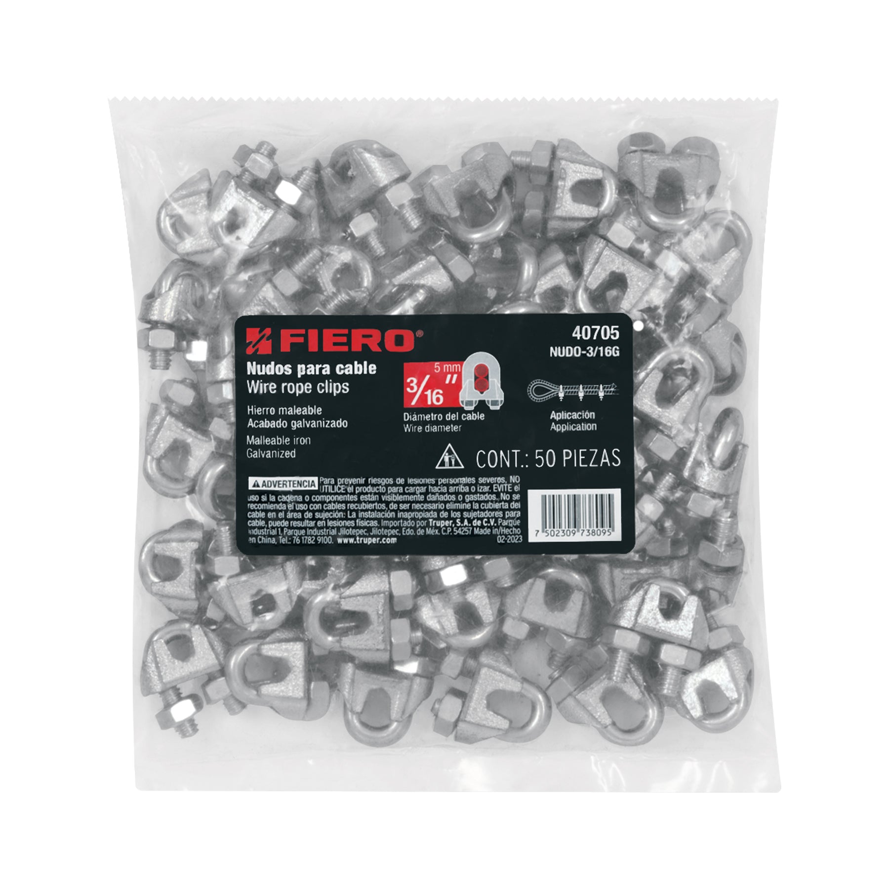 Bolsa c/50 nudos (perros) de hierro p/cable de 3/16", FIERO