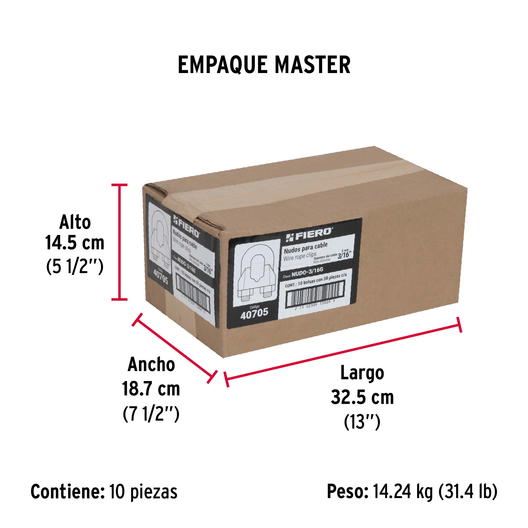 Bolsa c/50 nudos (perros) de hierro p/cable de 3/16", FIERO - Empaque