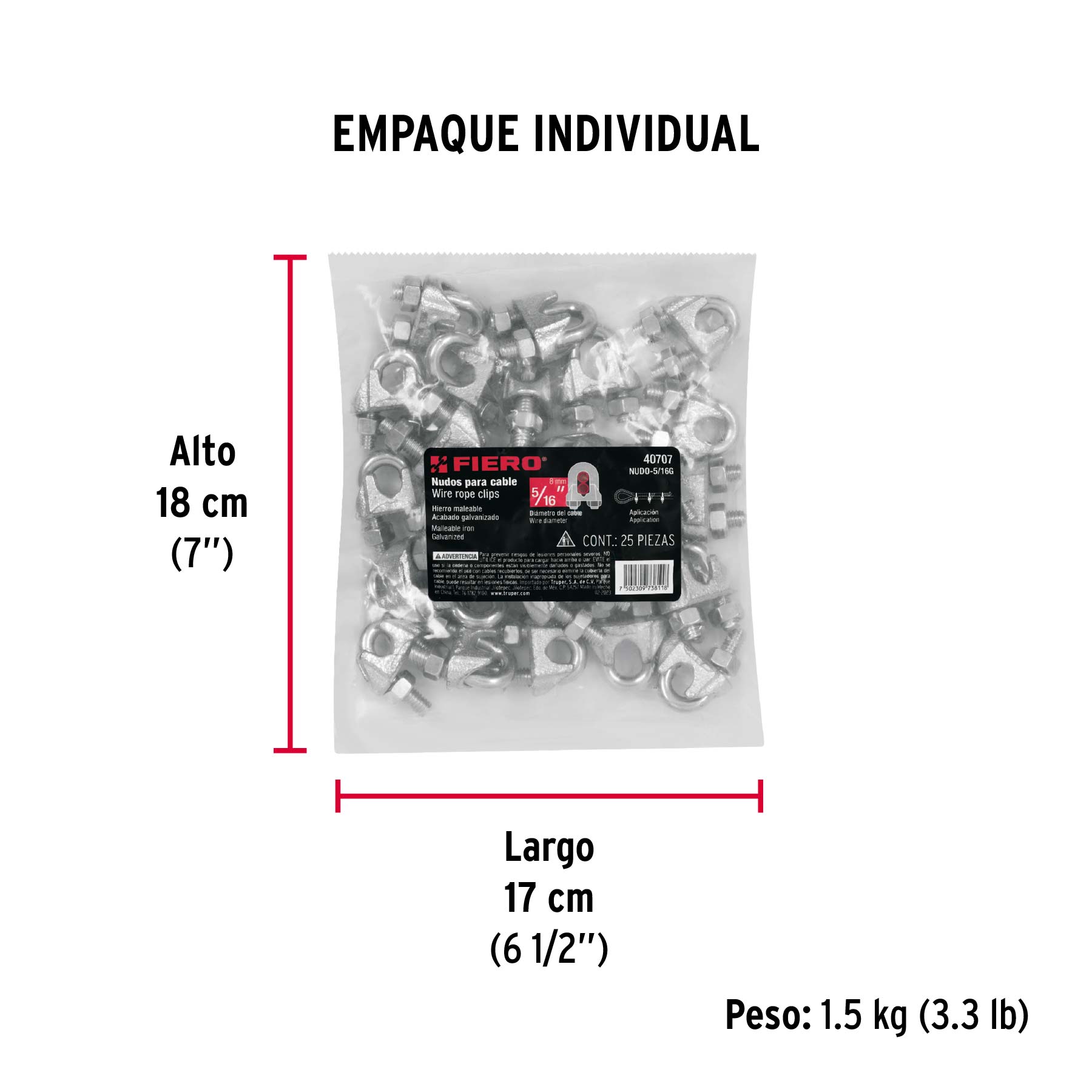 Bolsa c/25 nudos (perros) de hierro p/cable de 5/16", FIERO - Empaque