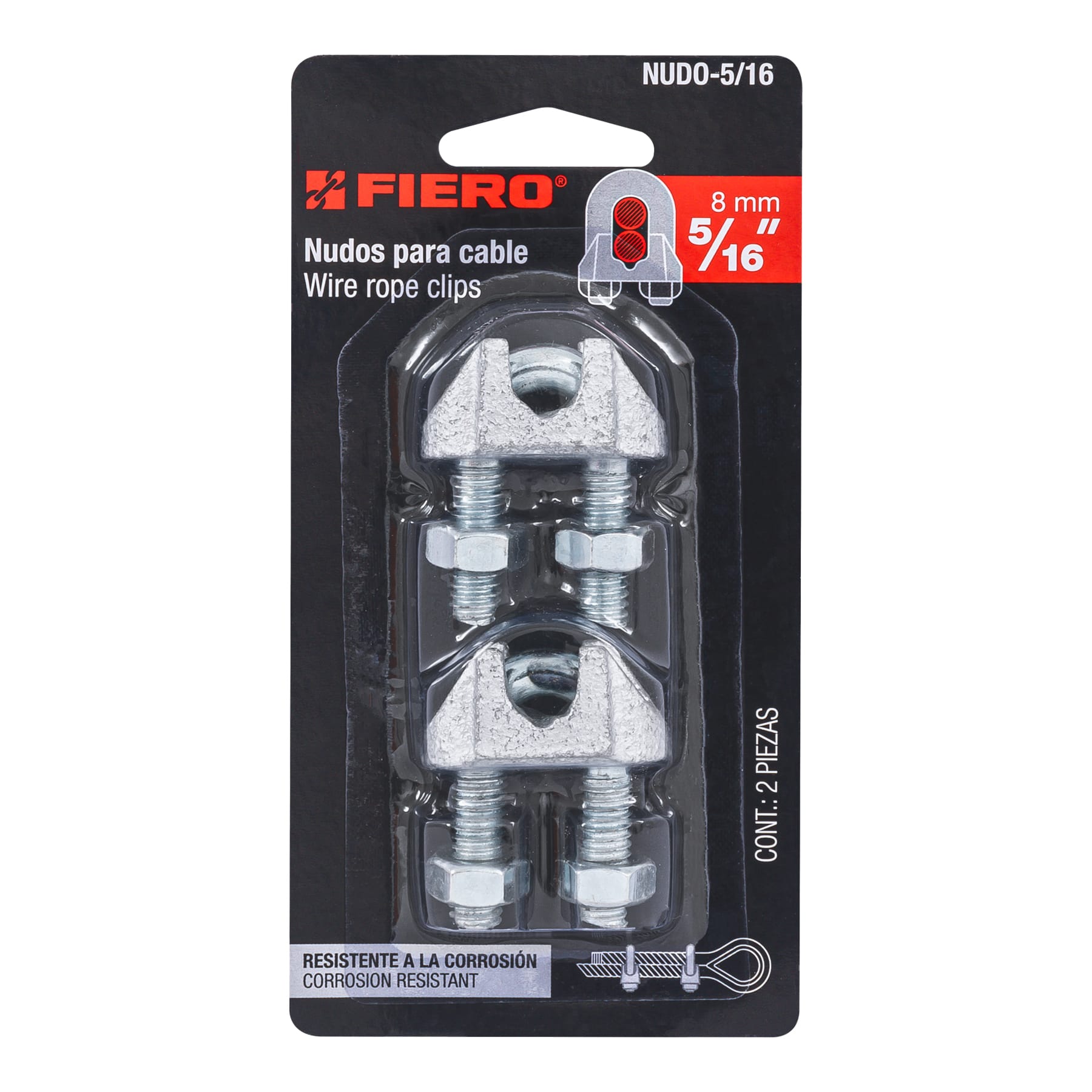 Blíster c/2 nudos (perros) de hierro p/cable de 5/16", FIERO