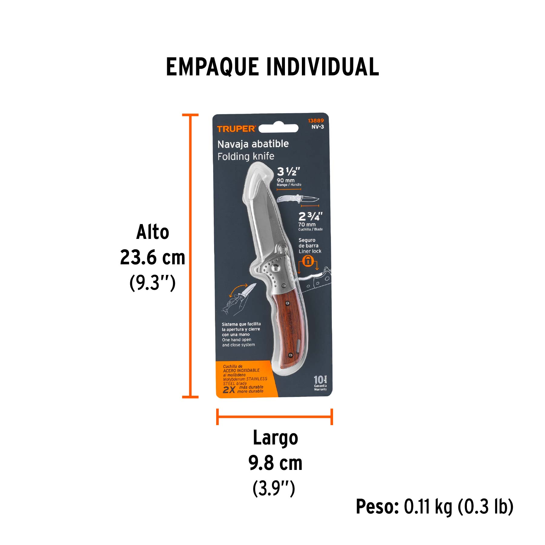 Navaja abatible 3-1/2" mango de madera, TRUPER - Empaque