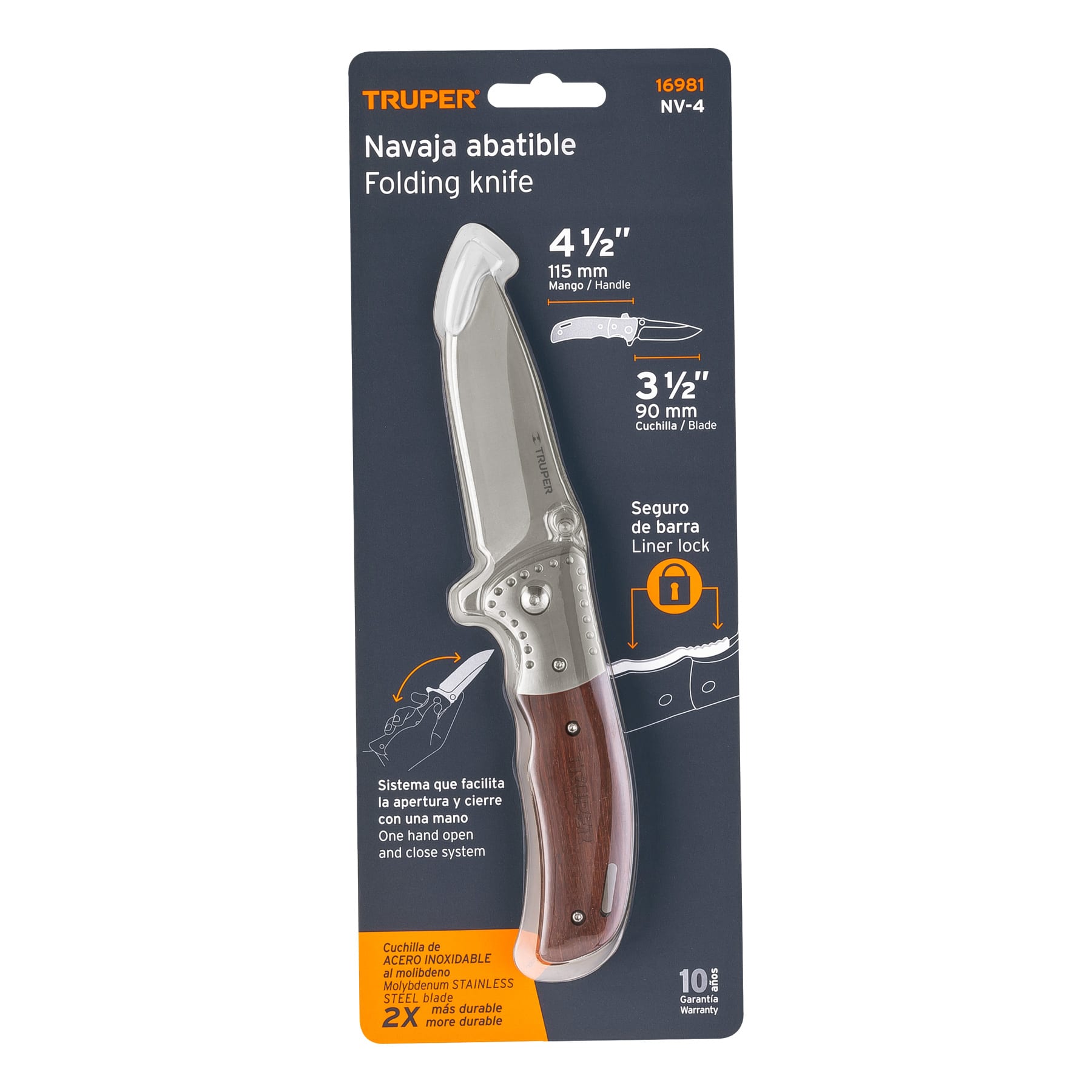 Navaja abatible 4-1/2" mango de madera, TRUPER