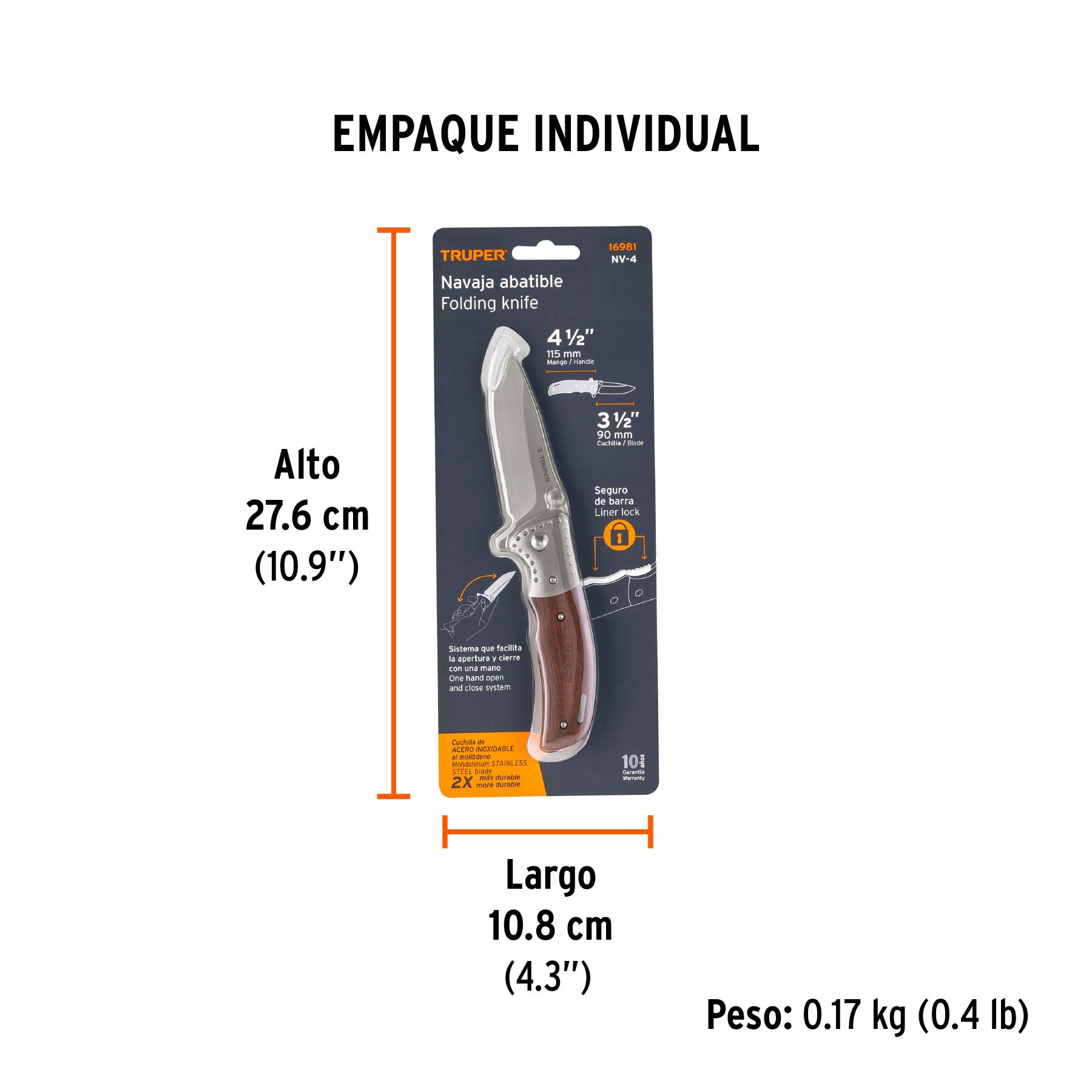 Navaja abatible 4-1/2" mango de madera, TRUPER - Empaque