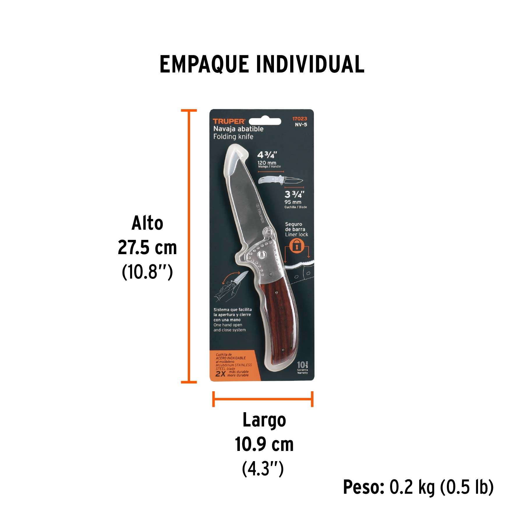 Navaja abatible 4-3/4" mango de madera, TRUPER - Empaque