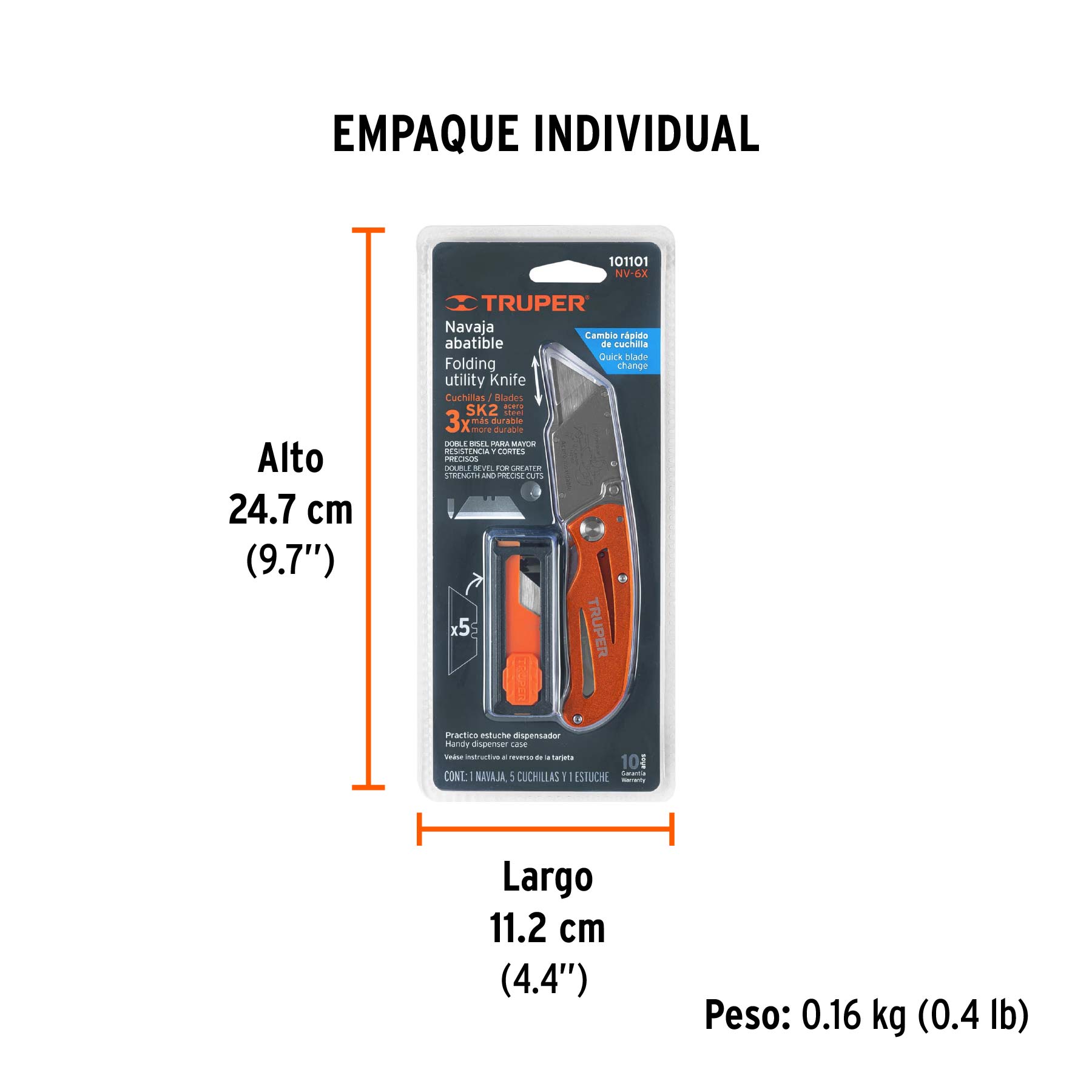 Navaja abatible 6" cuerpo de aluminio y acero inox, TRUPER - Empaque