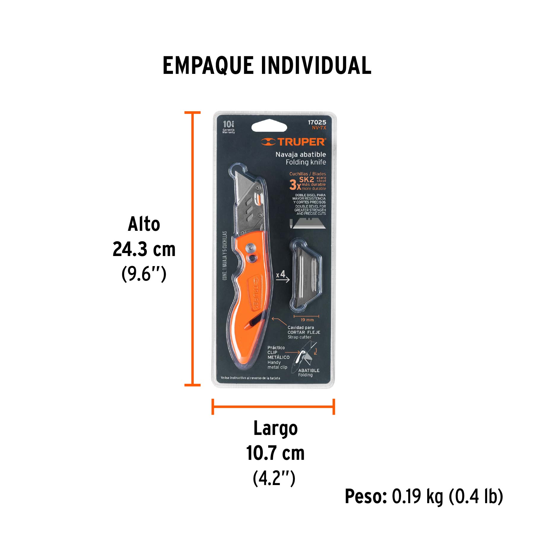Navaja abatible 7" cuerpo de aluminio y acero inox, TRUPER - Empaque