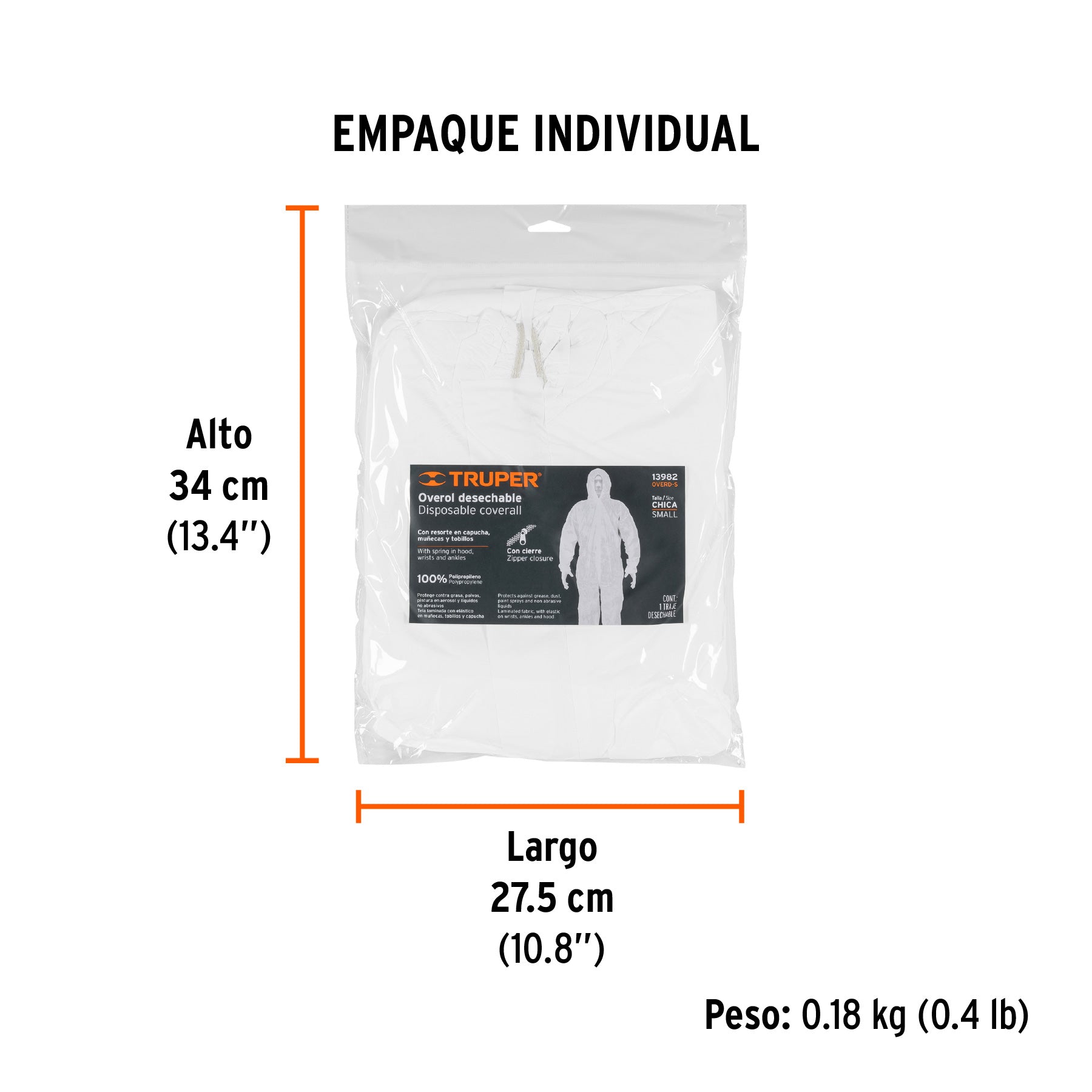 Overol desechable, talla CH, TRUPER - Empaque