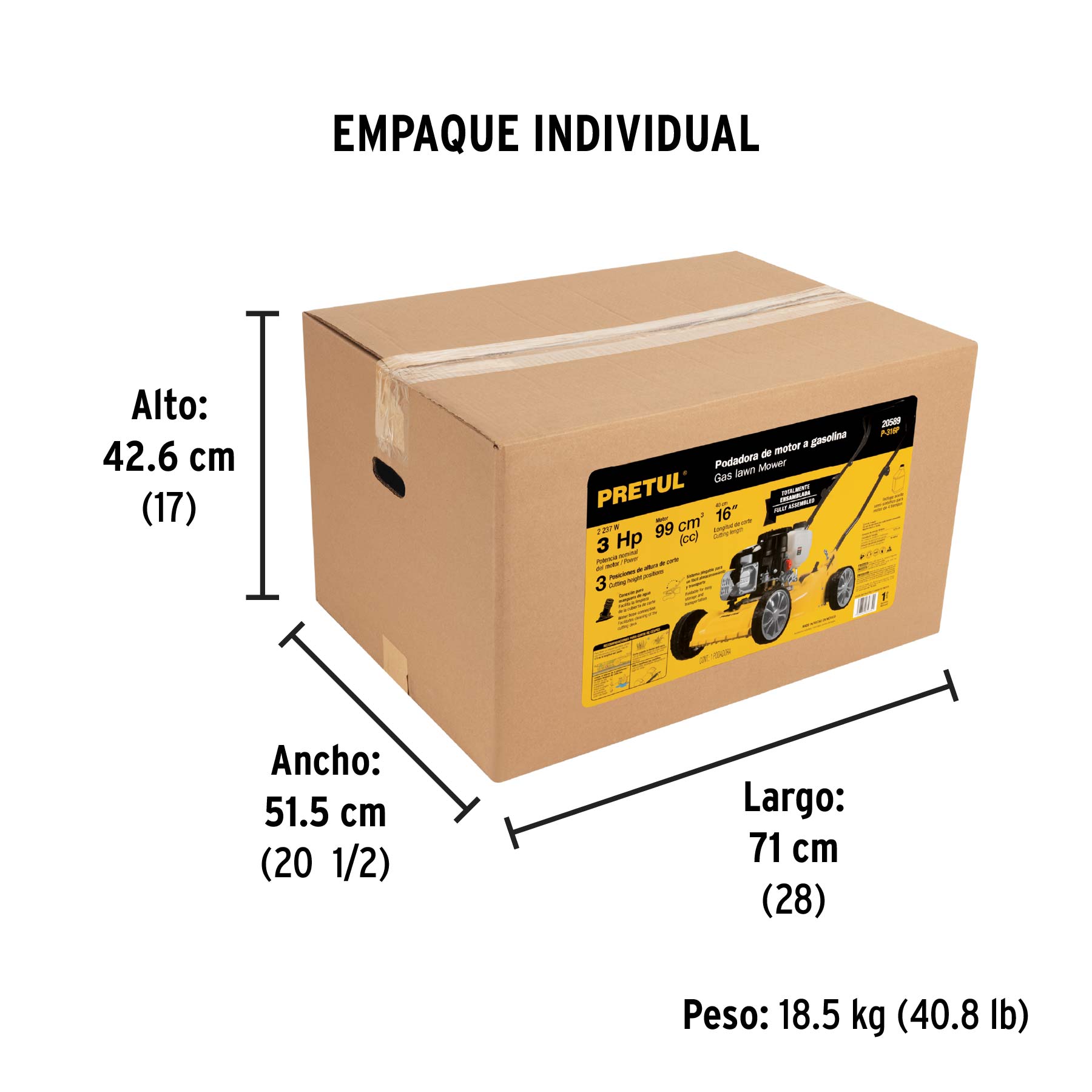 Podadora con motor a gasolina de 3 HP, 16" de corte, PRETUL - Empaque