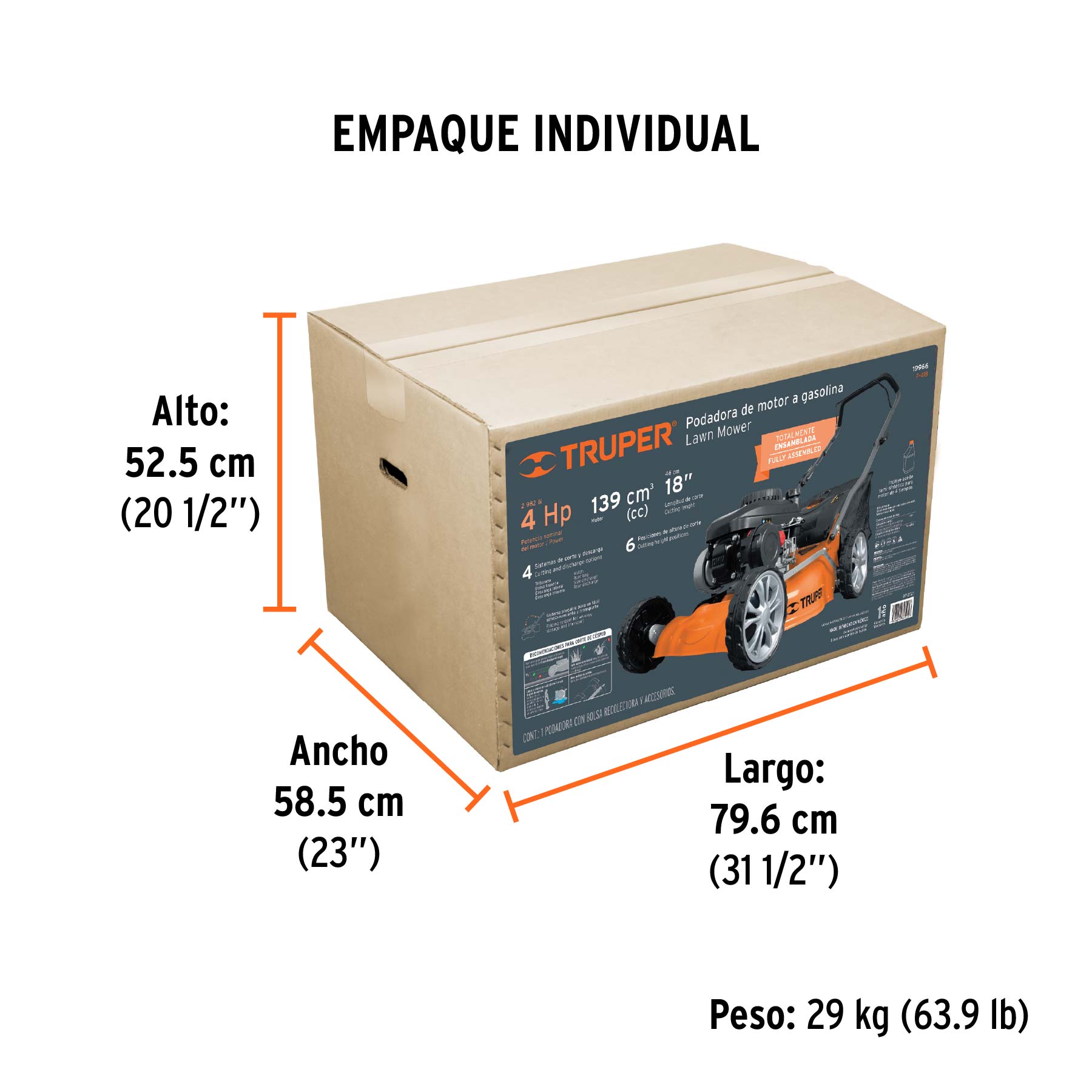 Podadora con motor a gasolina de 4 HP, 18" de corte, TRUPER - Empaque