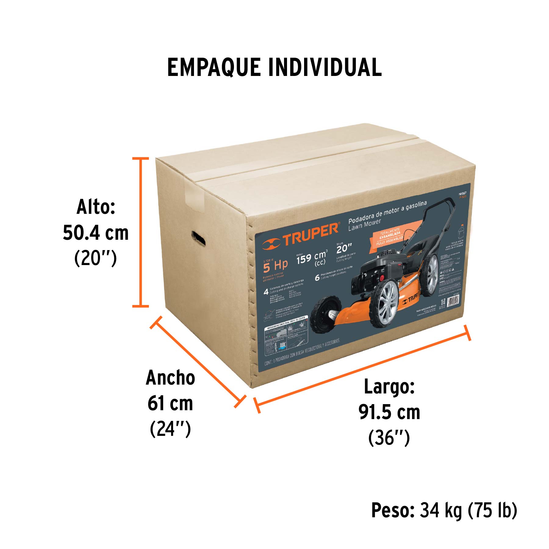 Podadora con motor a gasolina de 5 HP, 20" de corte, TRUPER - Empaque