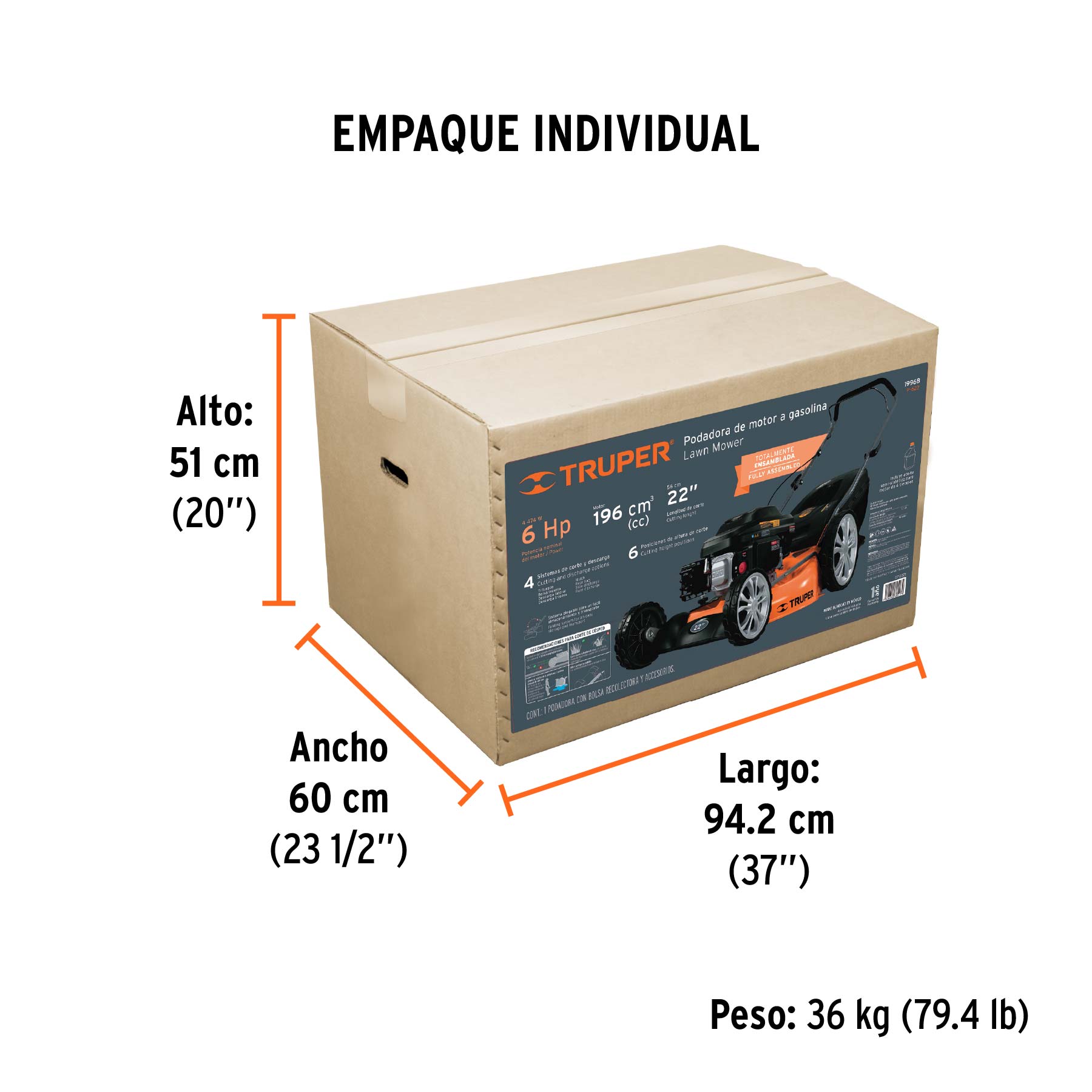 Podadora con motor a gasolina de 6 HP, 22" de corte, TRUPER - Empaque