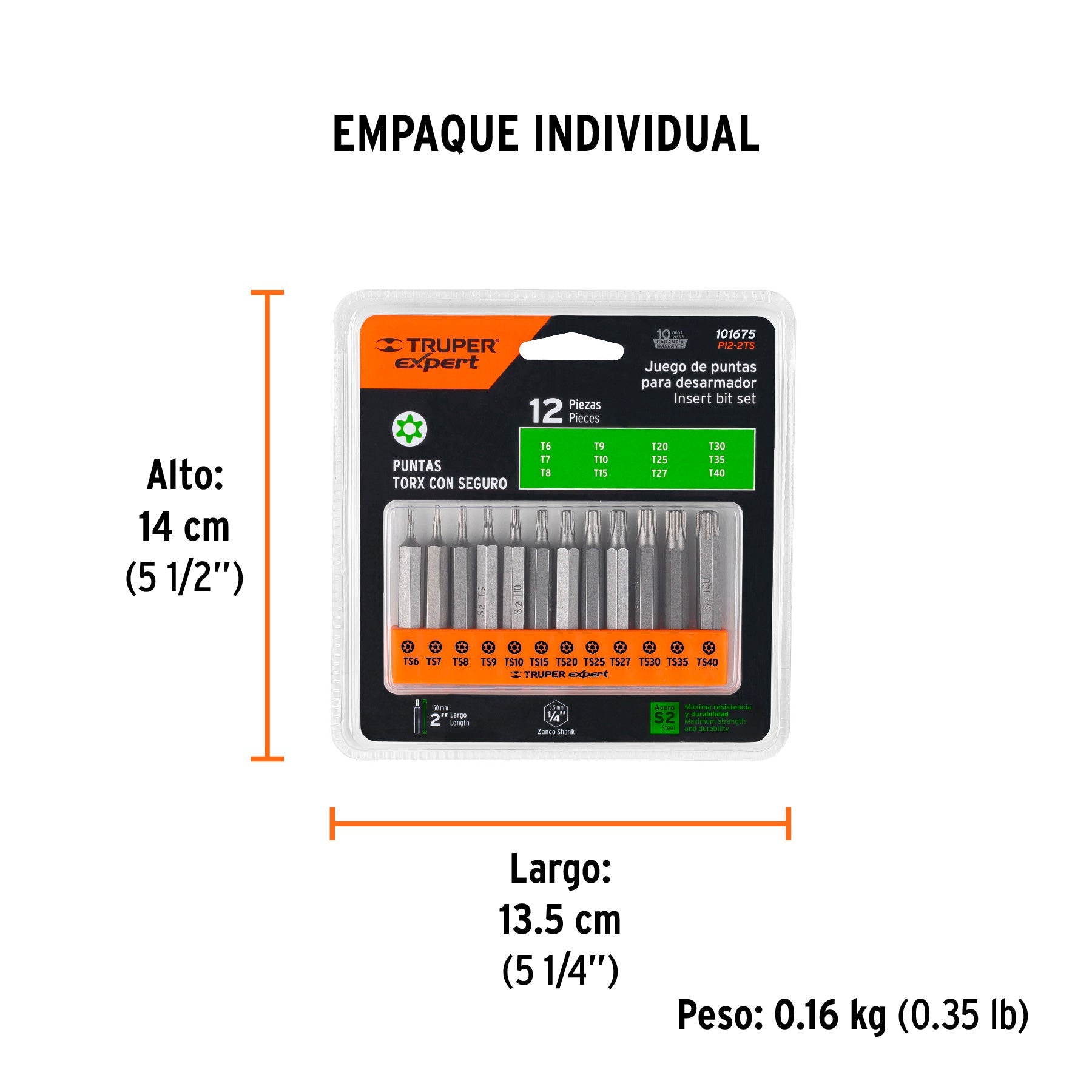 Juego de 12 puntas torx combinadas c/seguro largo 2", EXPERT - Empaque