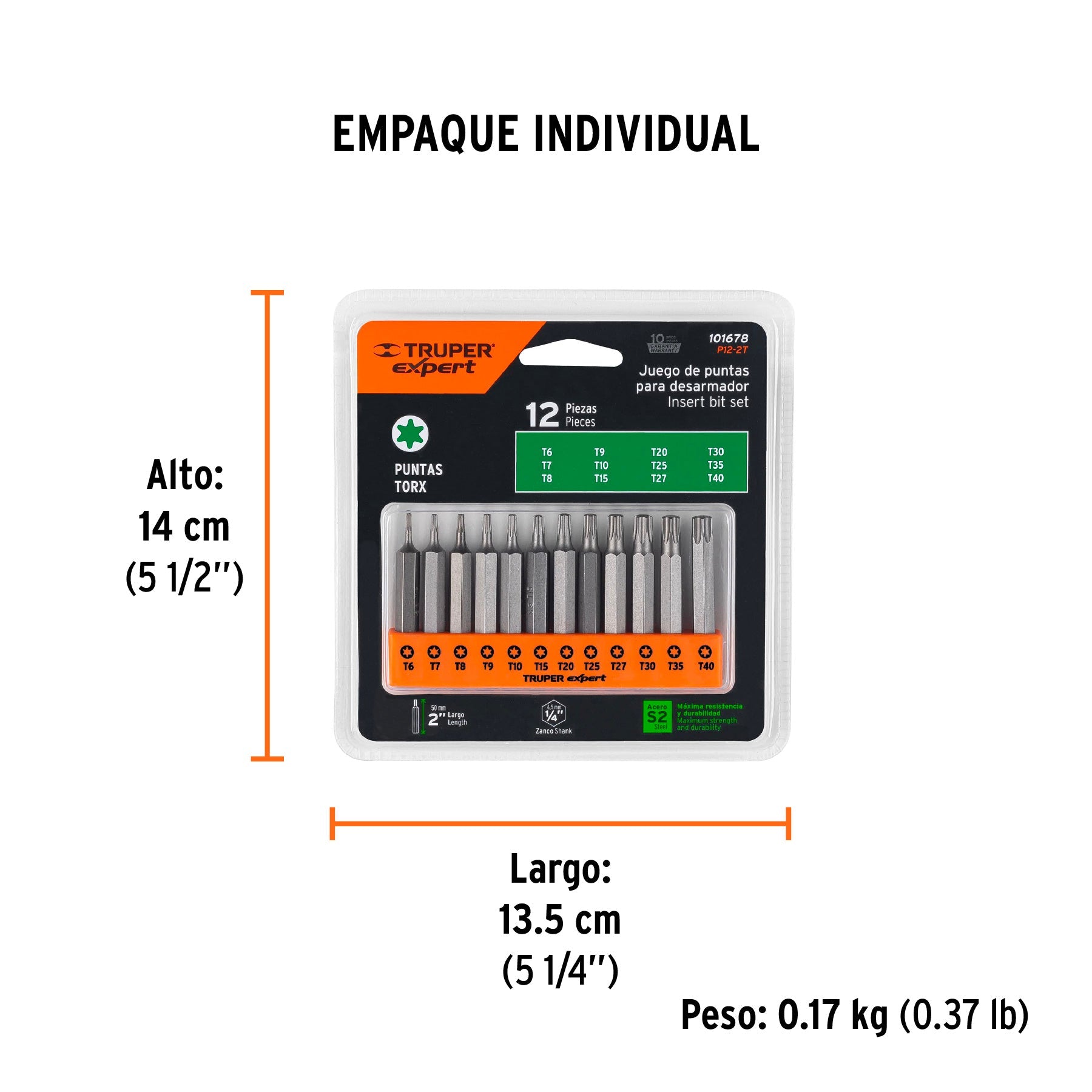 Juego de 12 puntas torx combinadas largo 2", TRUPER EXPERT - Empaque