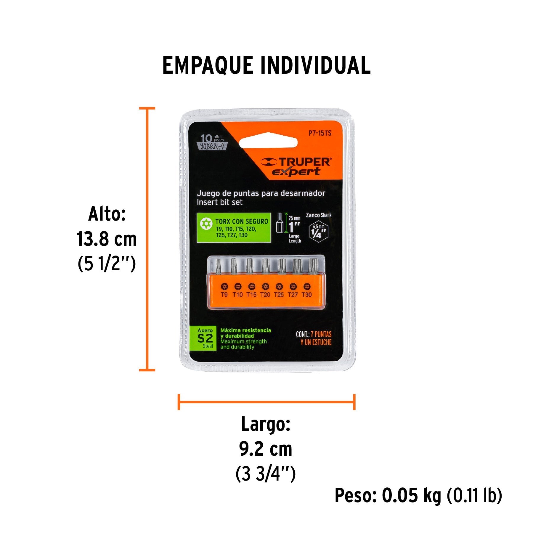 Juego de 7 puntas torx combinadas c/seguro largo 1", EXPERT - Empaque