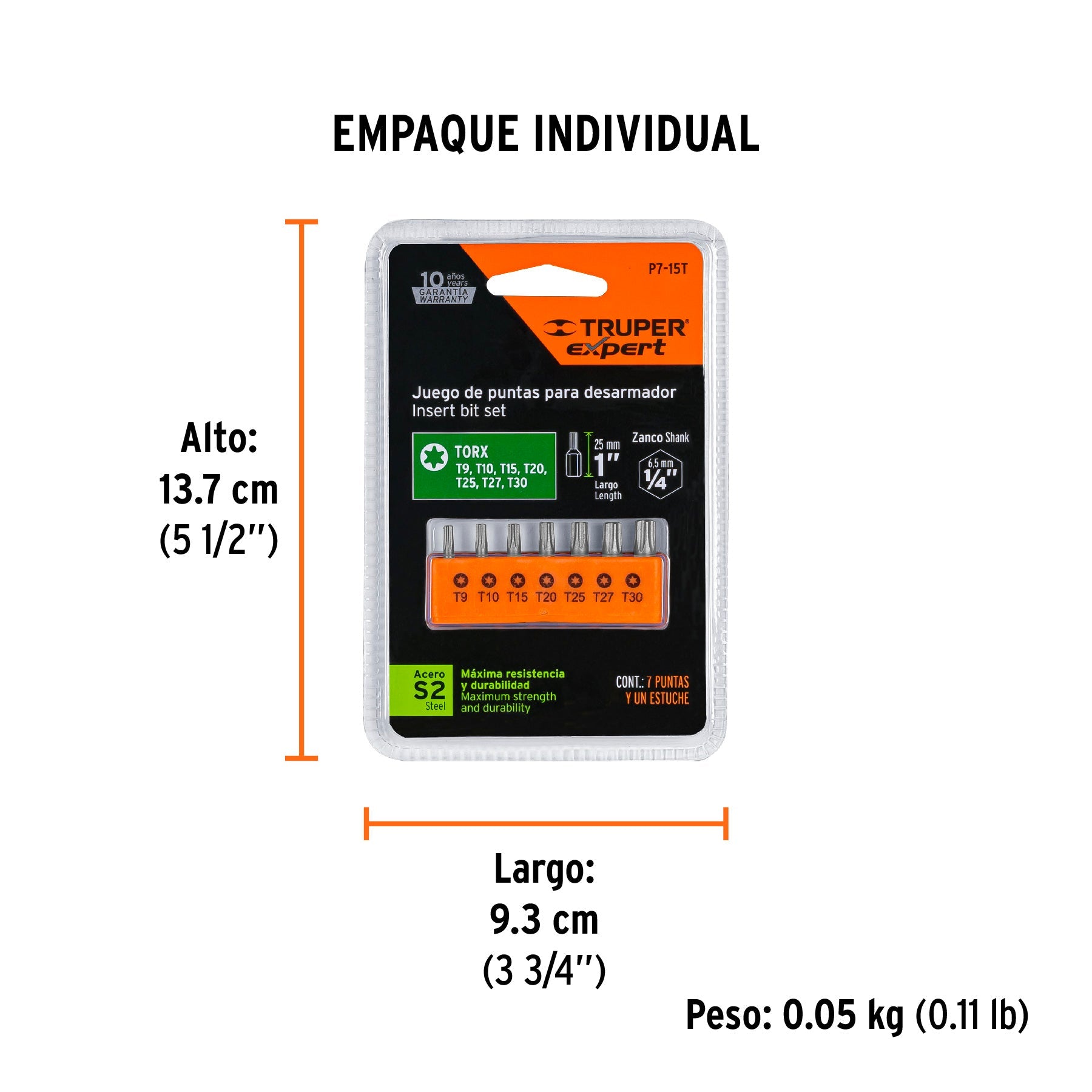 Juego de 7 puntas torx combinadas largo 1", TRUPER EXPERT - Empaque