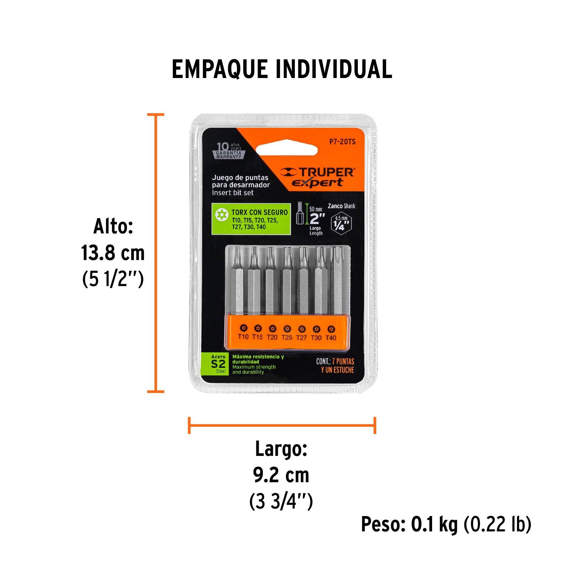 Juego de 7 puntas torx combinadas c/seguro largo 2", EXPERT - Empaque
