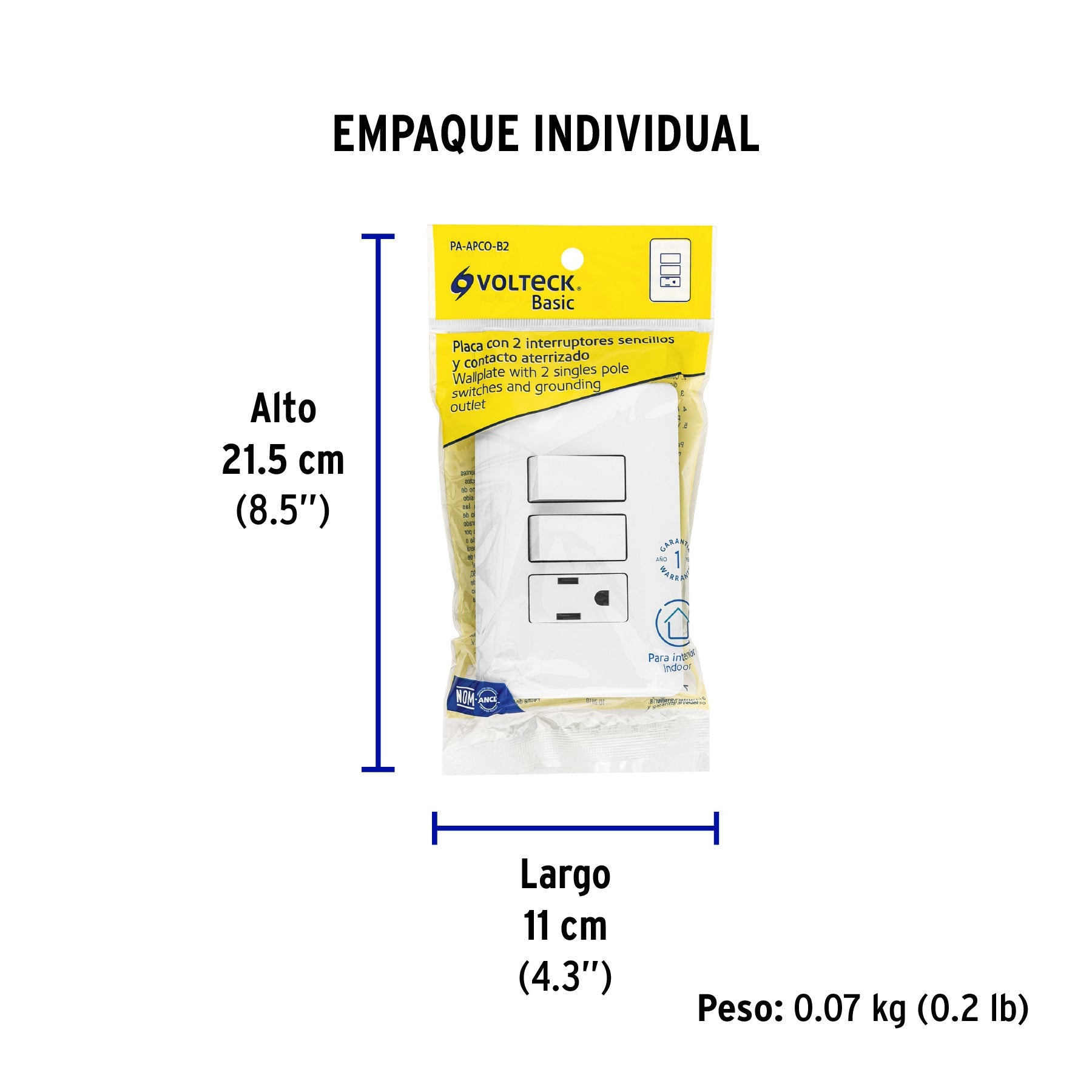 Placa armada con contacto y 2 interruptores sencillos, BASIC - Empaque