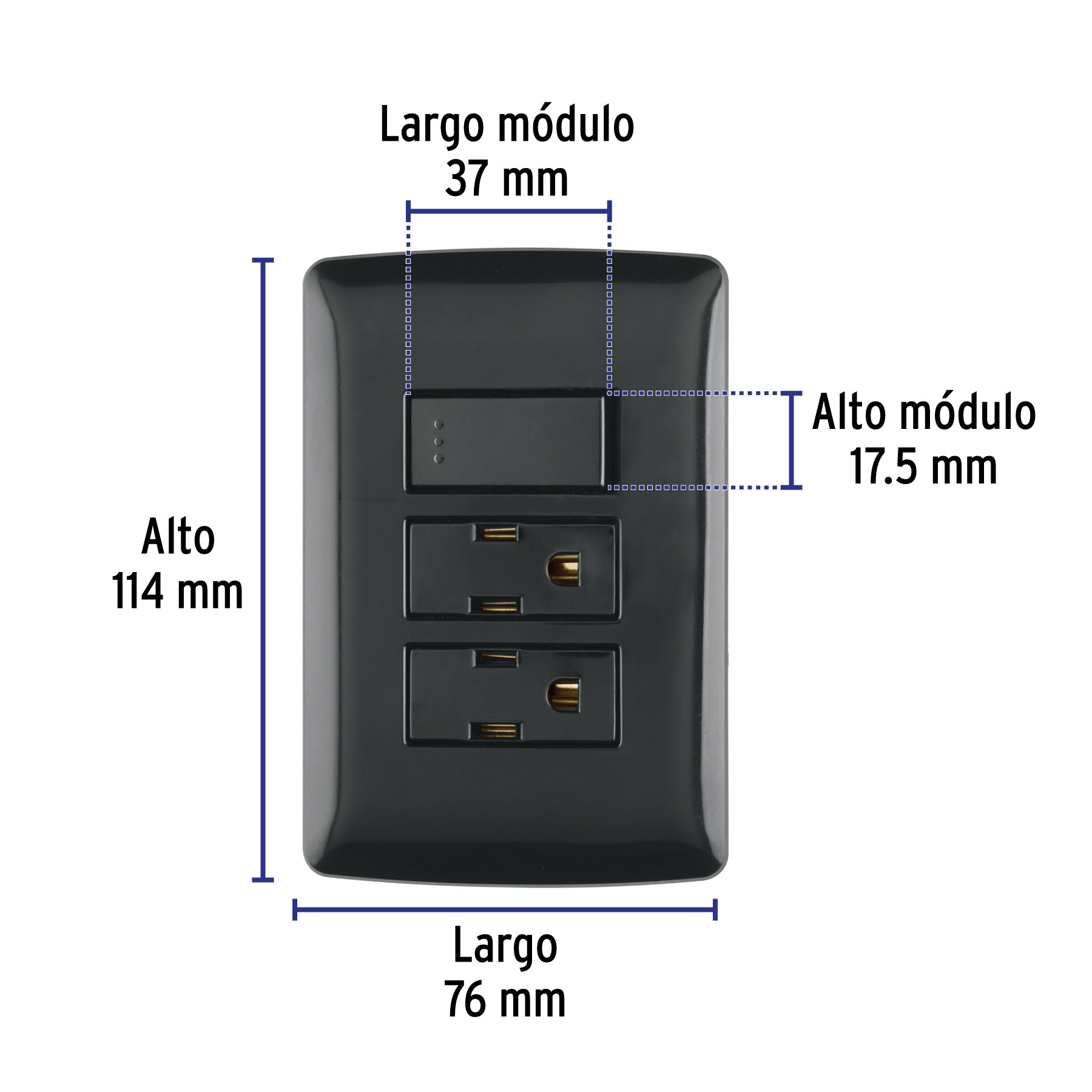 Placa armada 2 contactos e interruptor,negro, línea Italiana