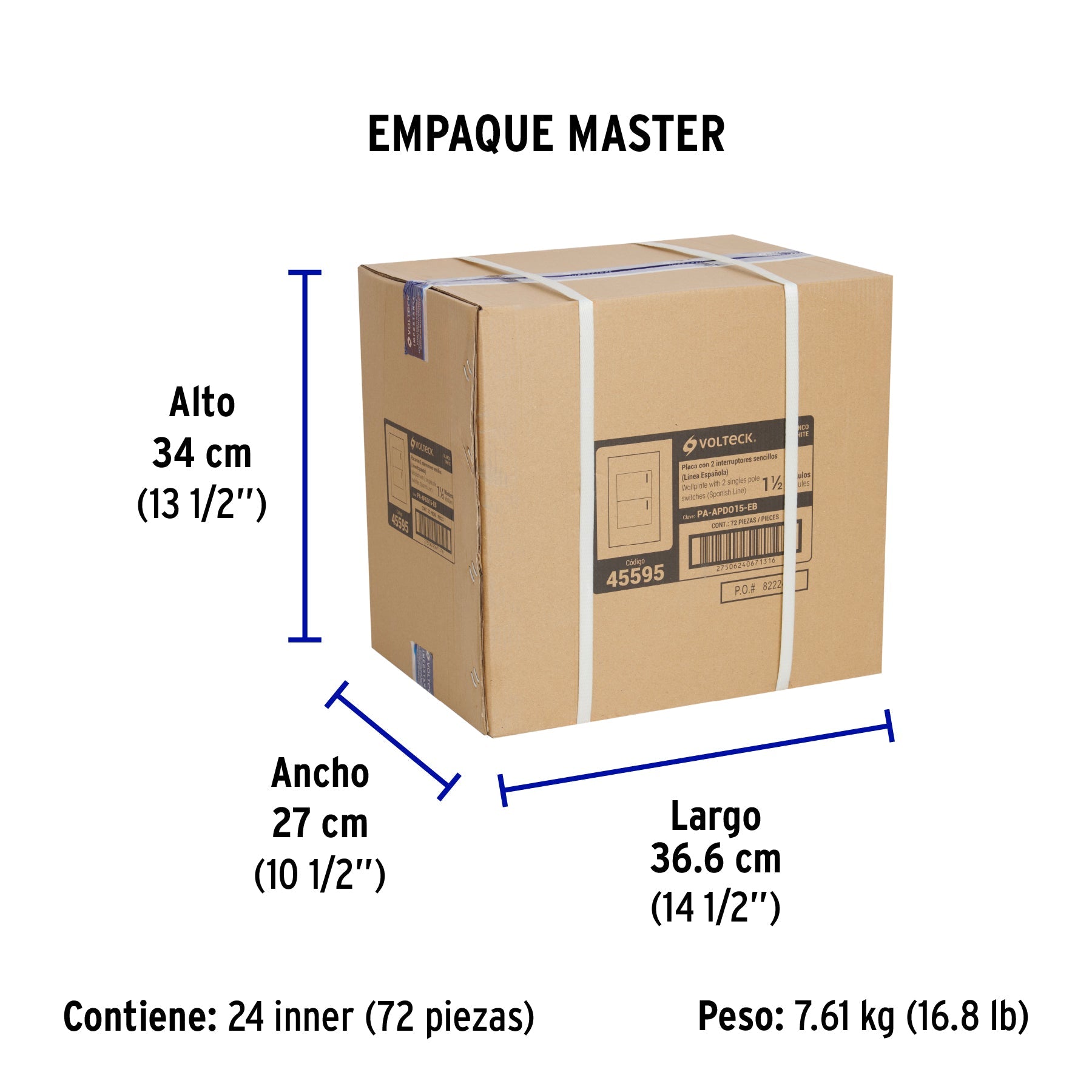 Placa armada 2 interruptores, 1.5 módulos, Española, blanco - Empaque