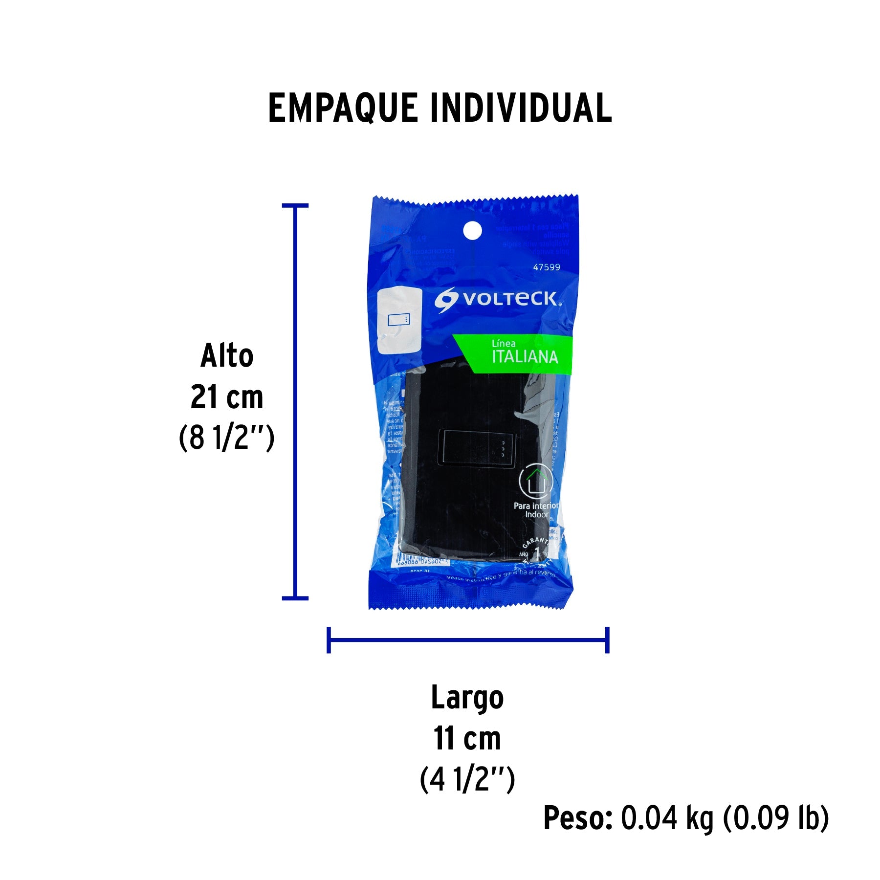Placa armada 1 interruptor sencillo, negro, línea Italiana - Empaque