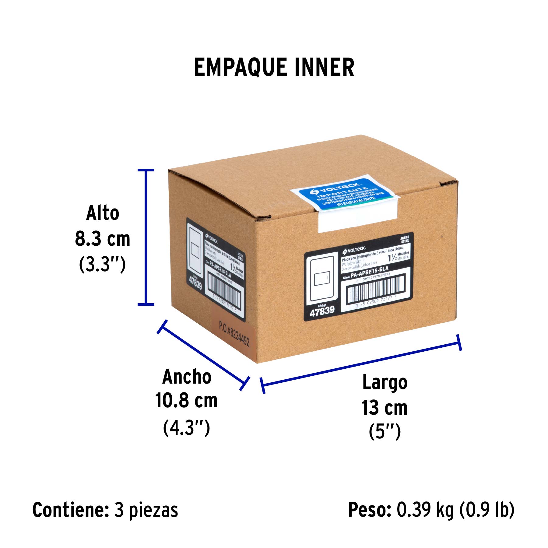 Placa armada acero 1 interruptor de 3 vías 1.5 mód, Lisboa - Empaque