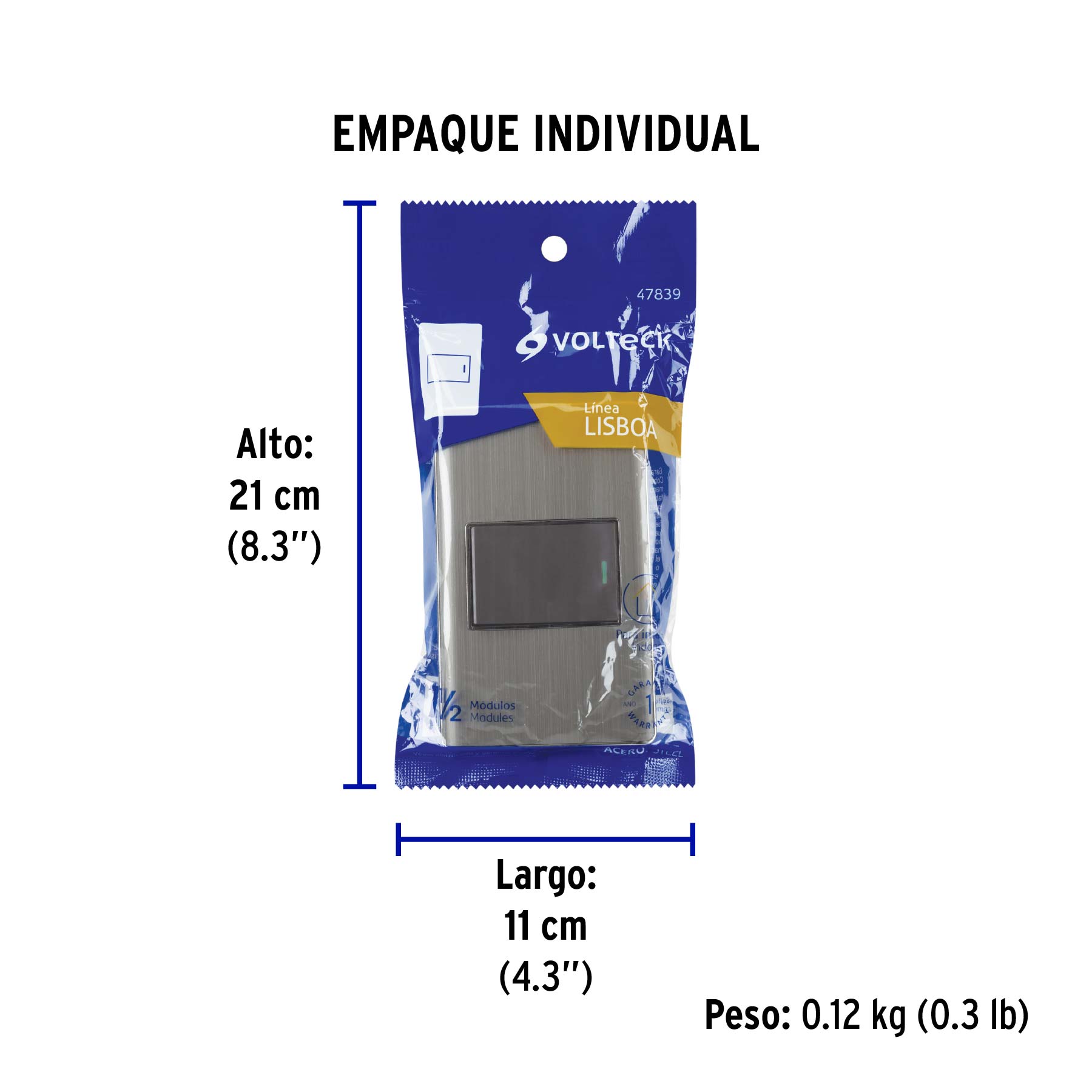 Placa armada acero 1 interruptor de 3 vías 1.5 mód, Lisboa - Empaque