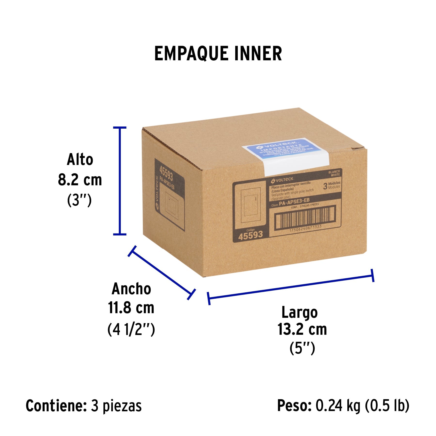 Placa armada 1 interruptor, 3 módulos, Española, blanco - Empaque