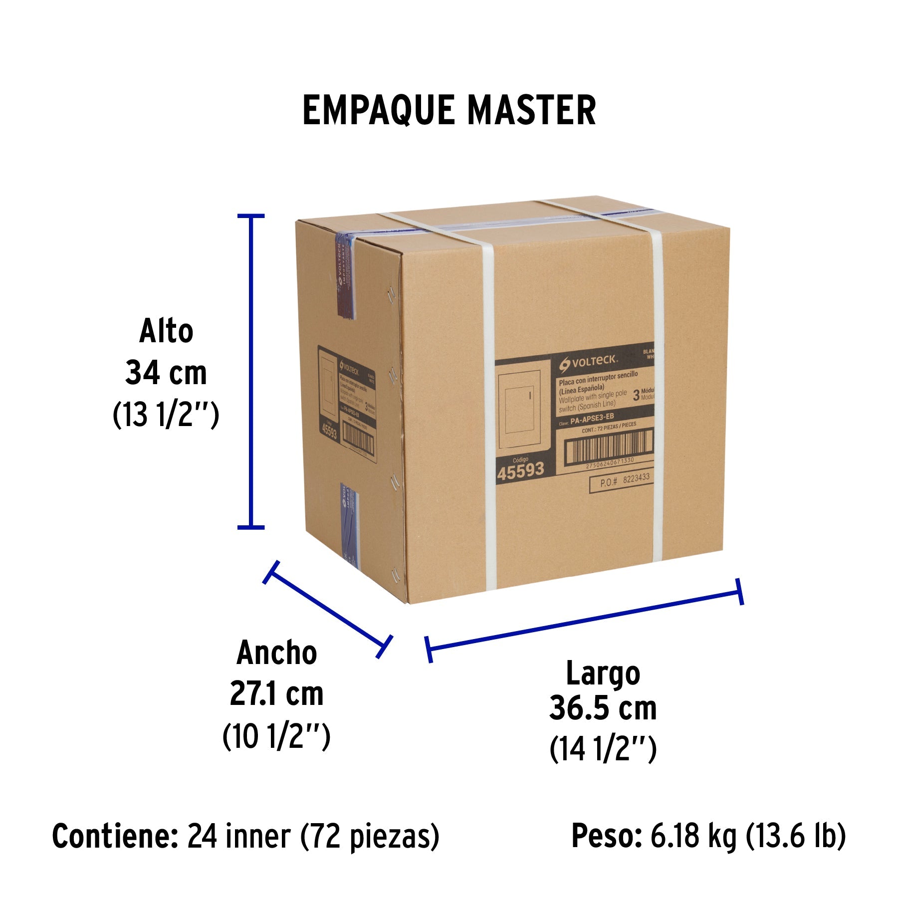 Placa armada 1 interruptor, 3 módulos, Española, blanco - Empaque