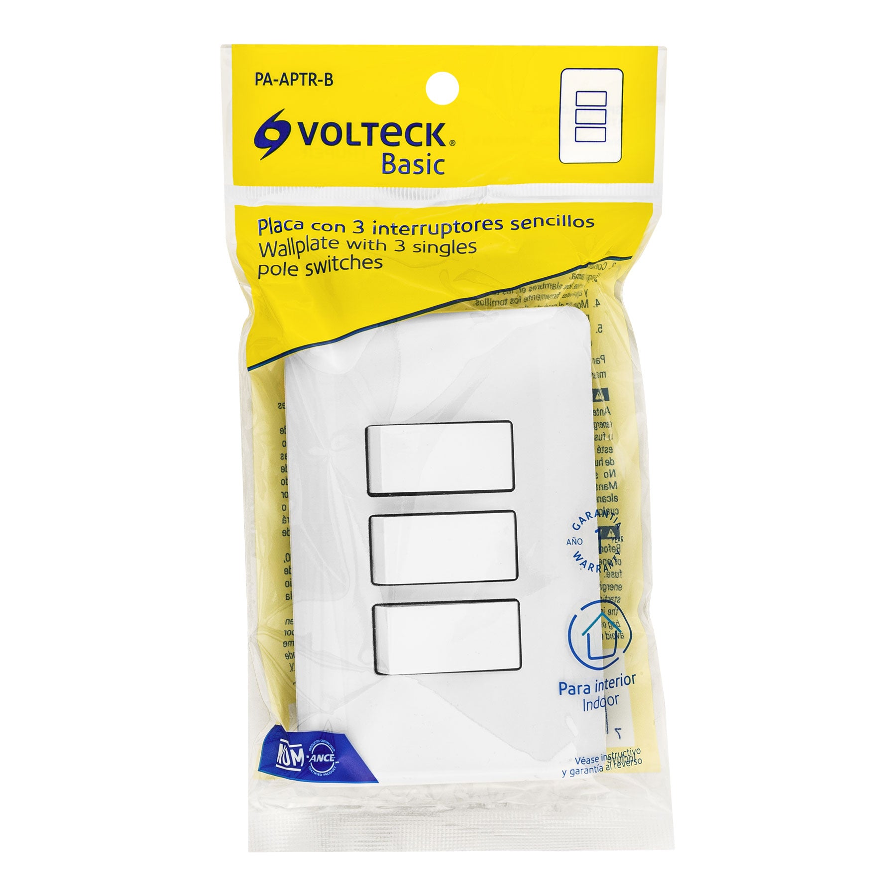 Placa armada con 3 interruptores sencillos, VOLTECK BASIC