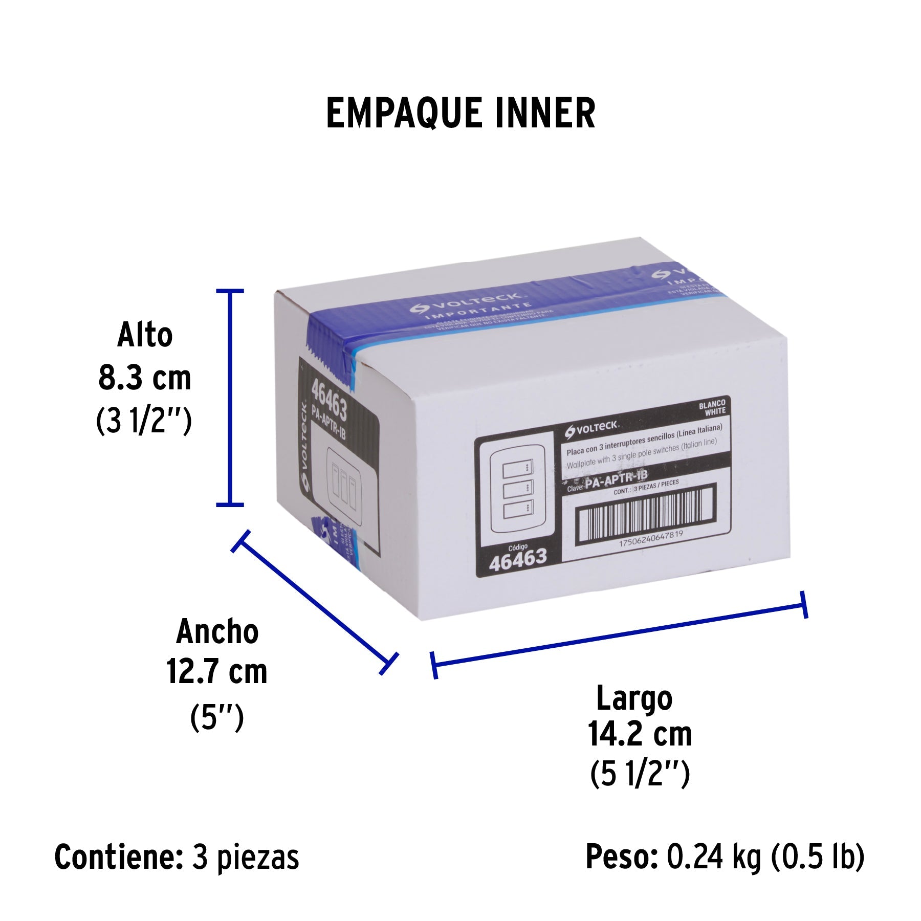 Placa armada 3 interruptores sencillos,blanco,línea Italiana - Empaque