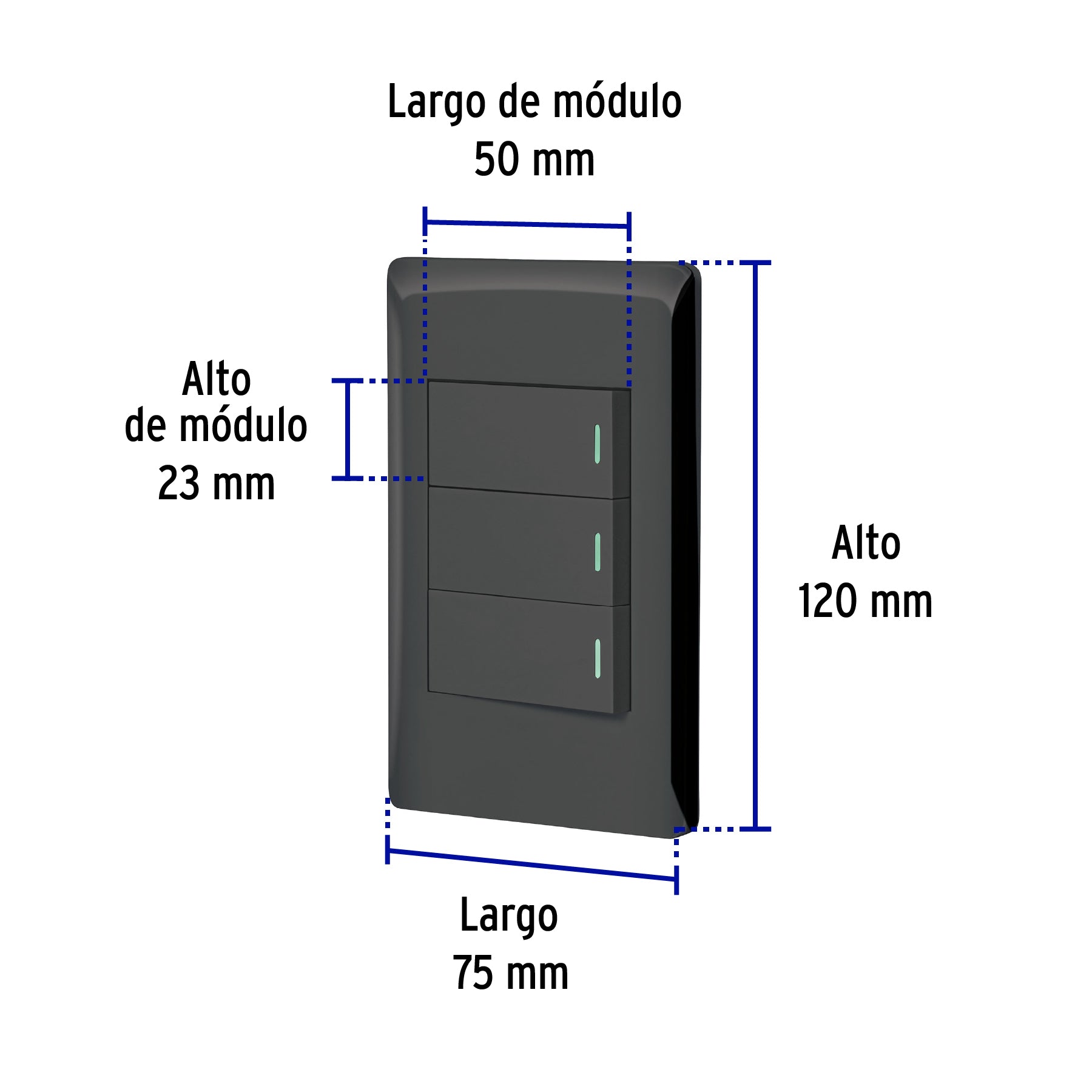Placa armada negra 3 interruptores 1 módulo, Lisboa, VOLTECK