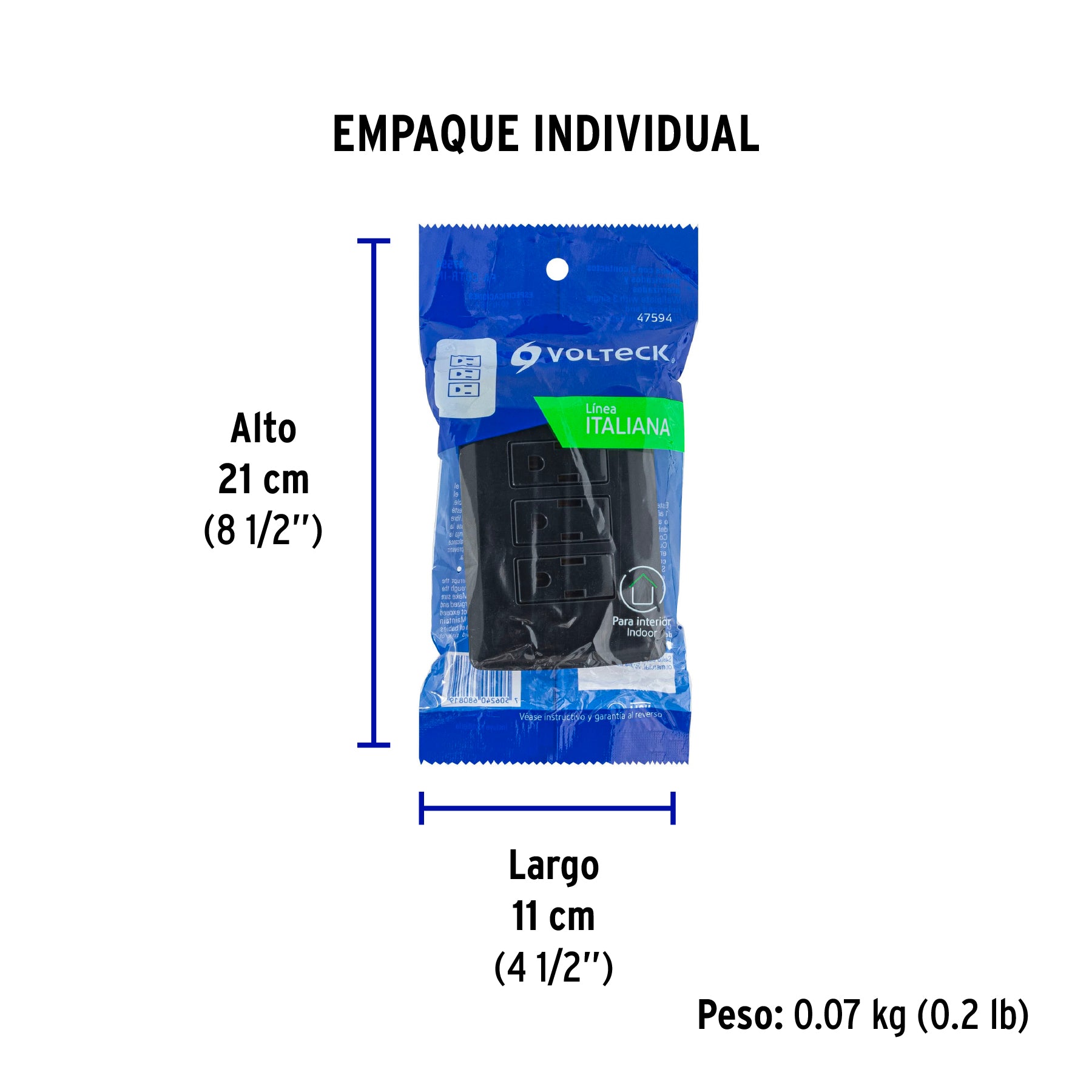 Placa armada 3 contactos aterrizados, negro, línea Italiana - Empaque