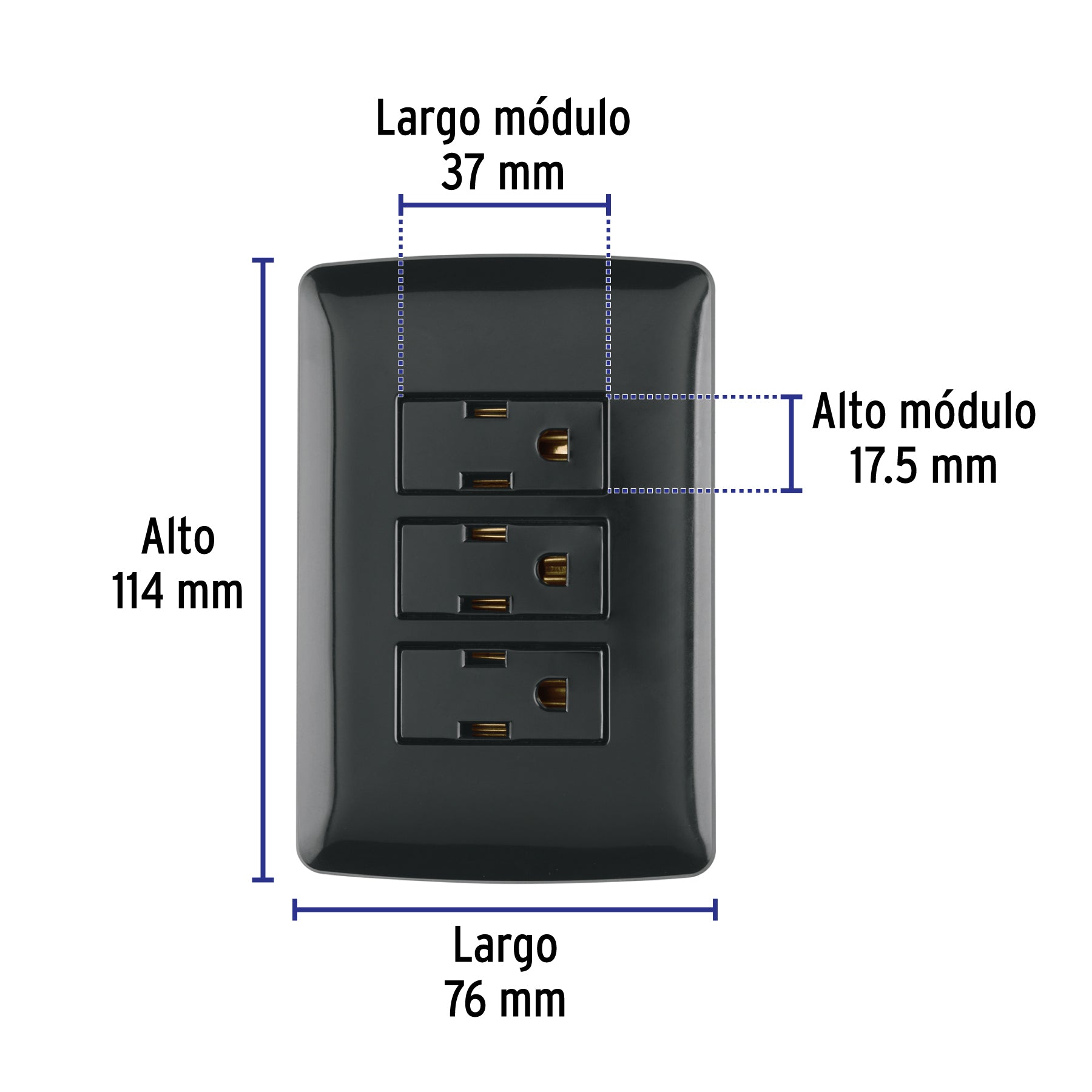 Placa armada 3 contactos aterrizados, negro, línea Italiana