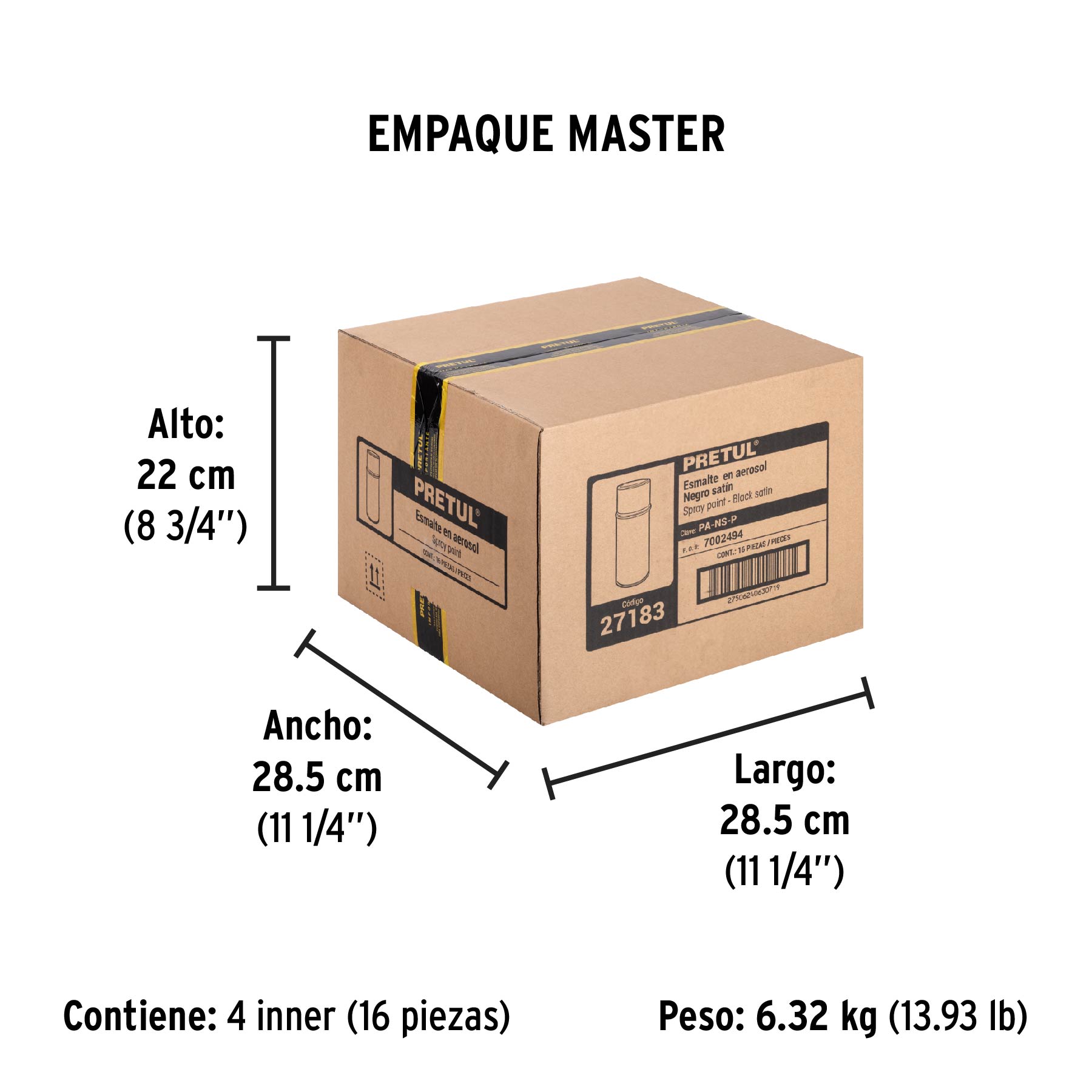 Pintura en aerosol, negro satín, 400 ml, PRETUL - Empaque